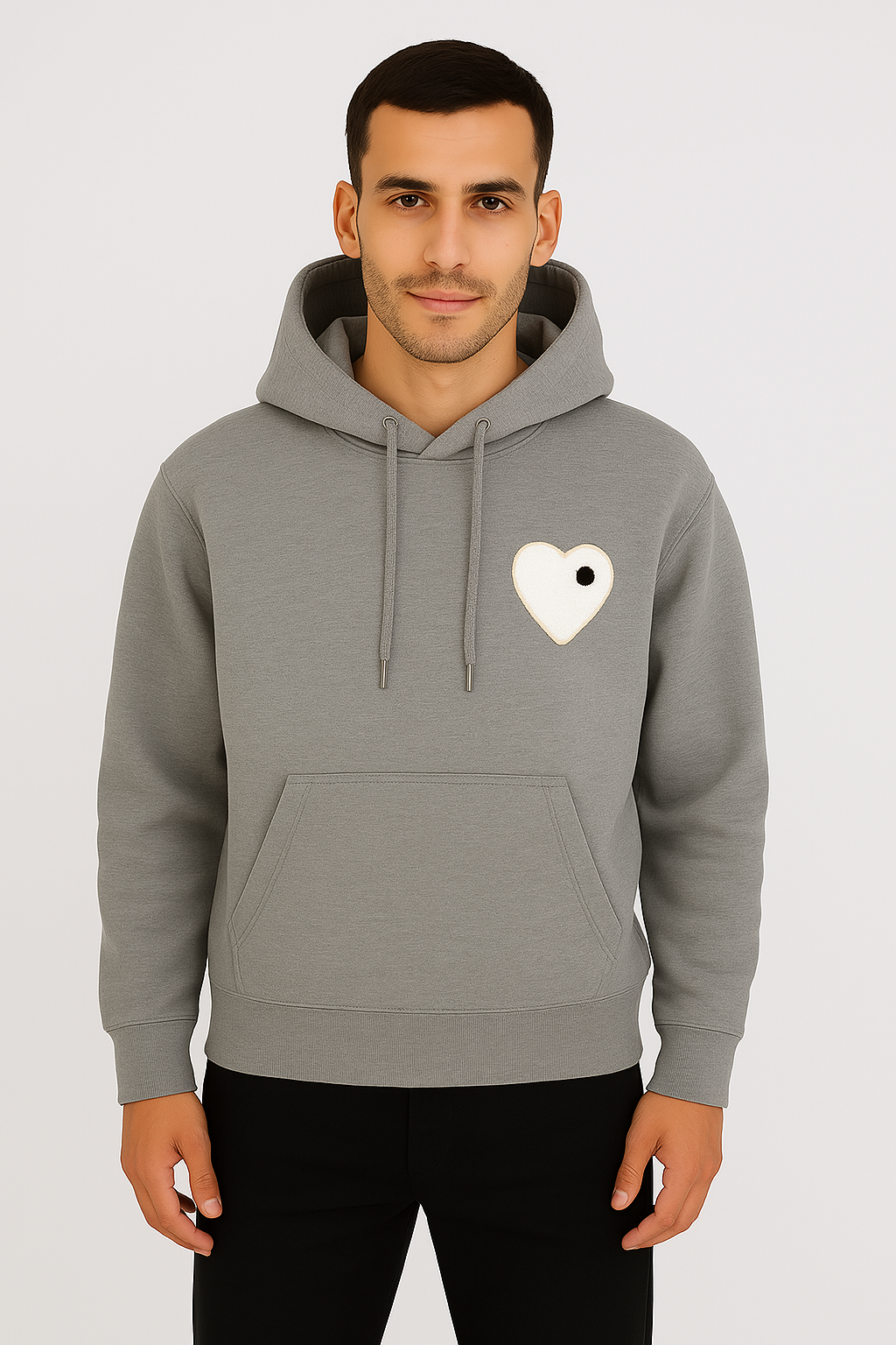 Sweat Coeur à Capuche Gris Coeur Blanc