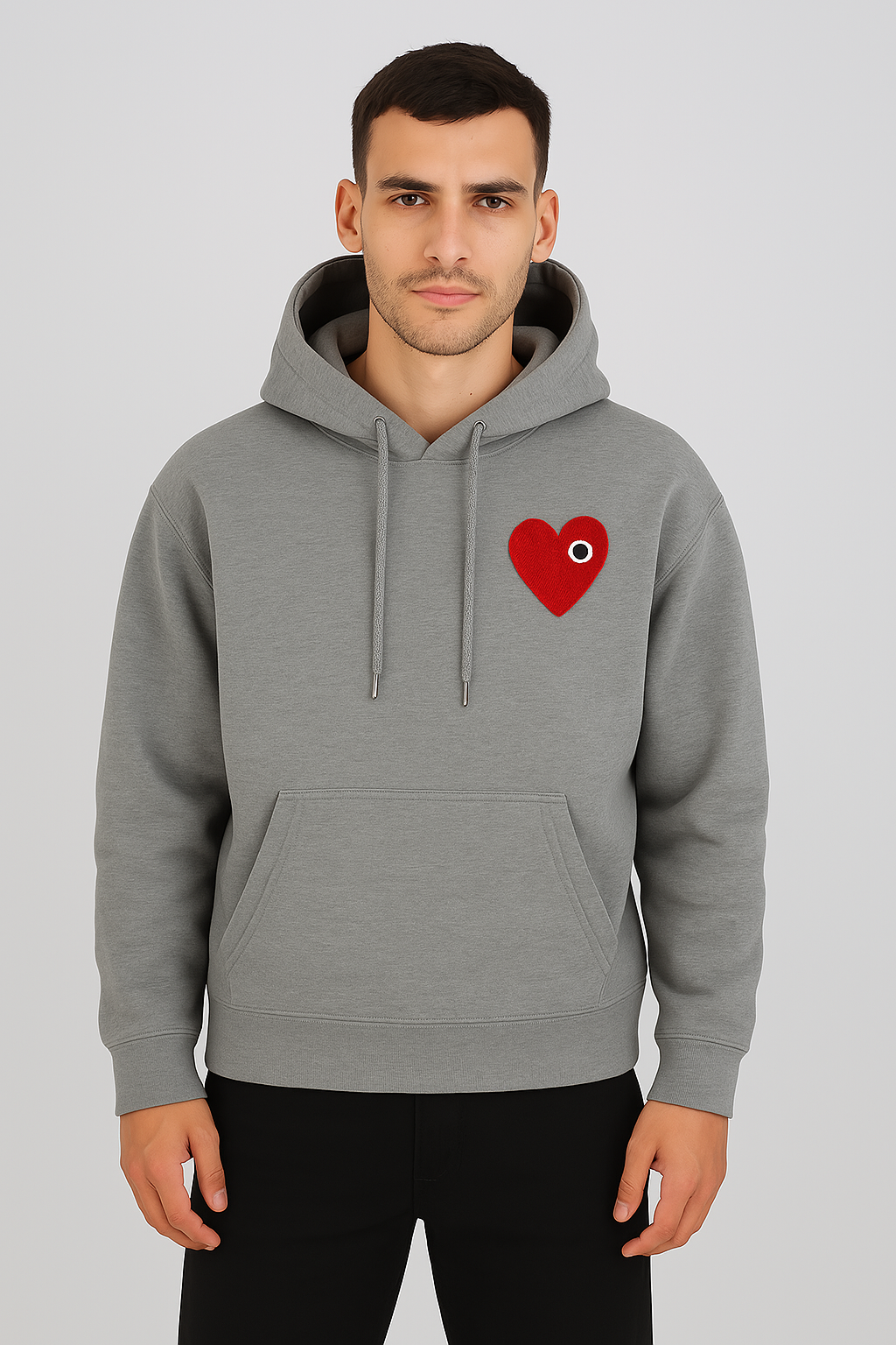 Sweat Coeur à Capuche Gris Coeur Rouge