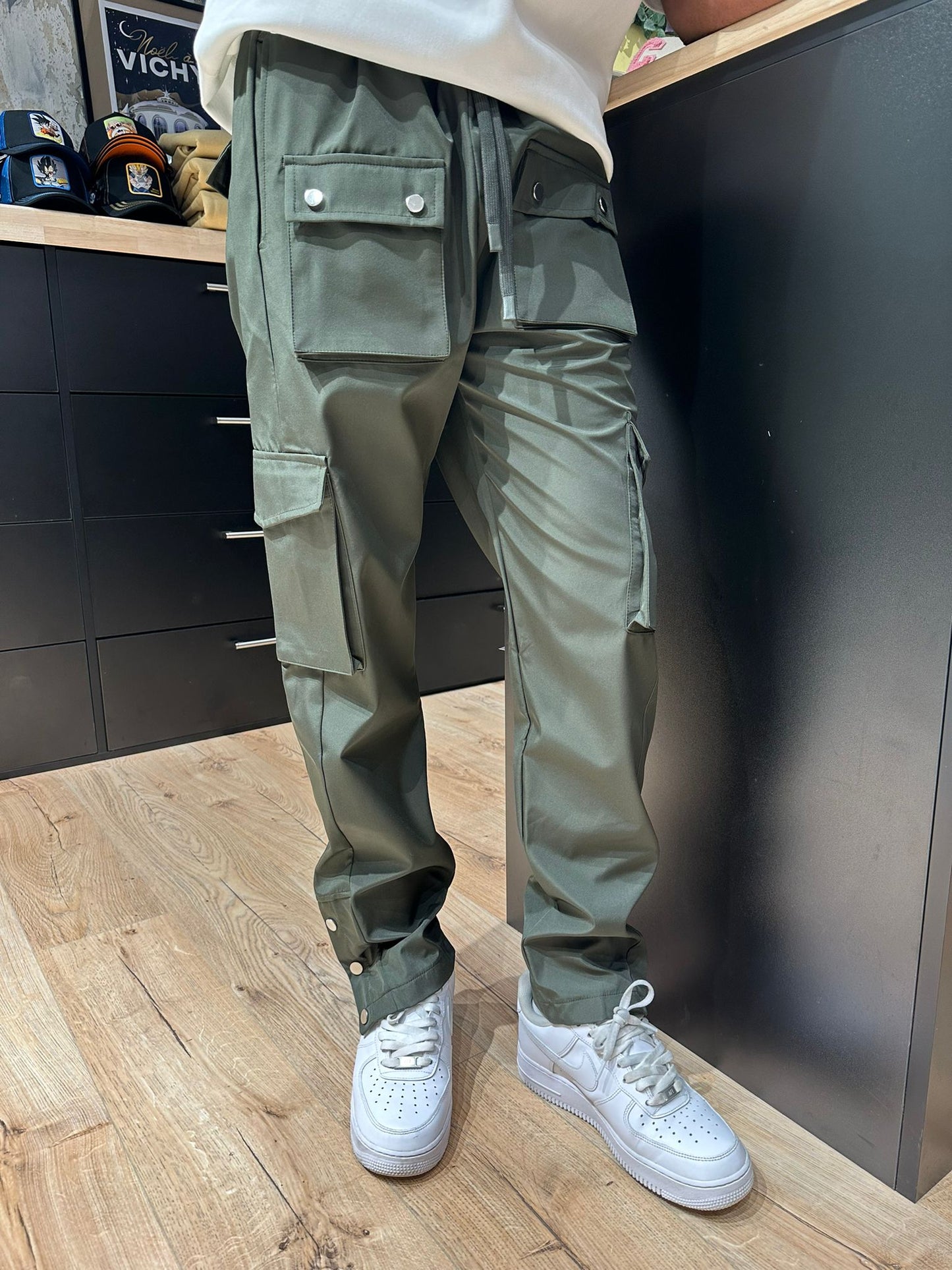 Pantalon cargo kaki à pression en toile avec 3 Bouttons