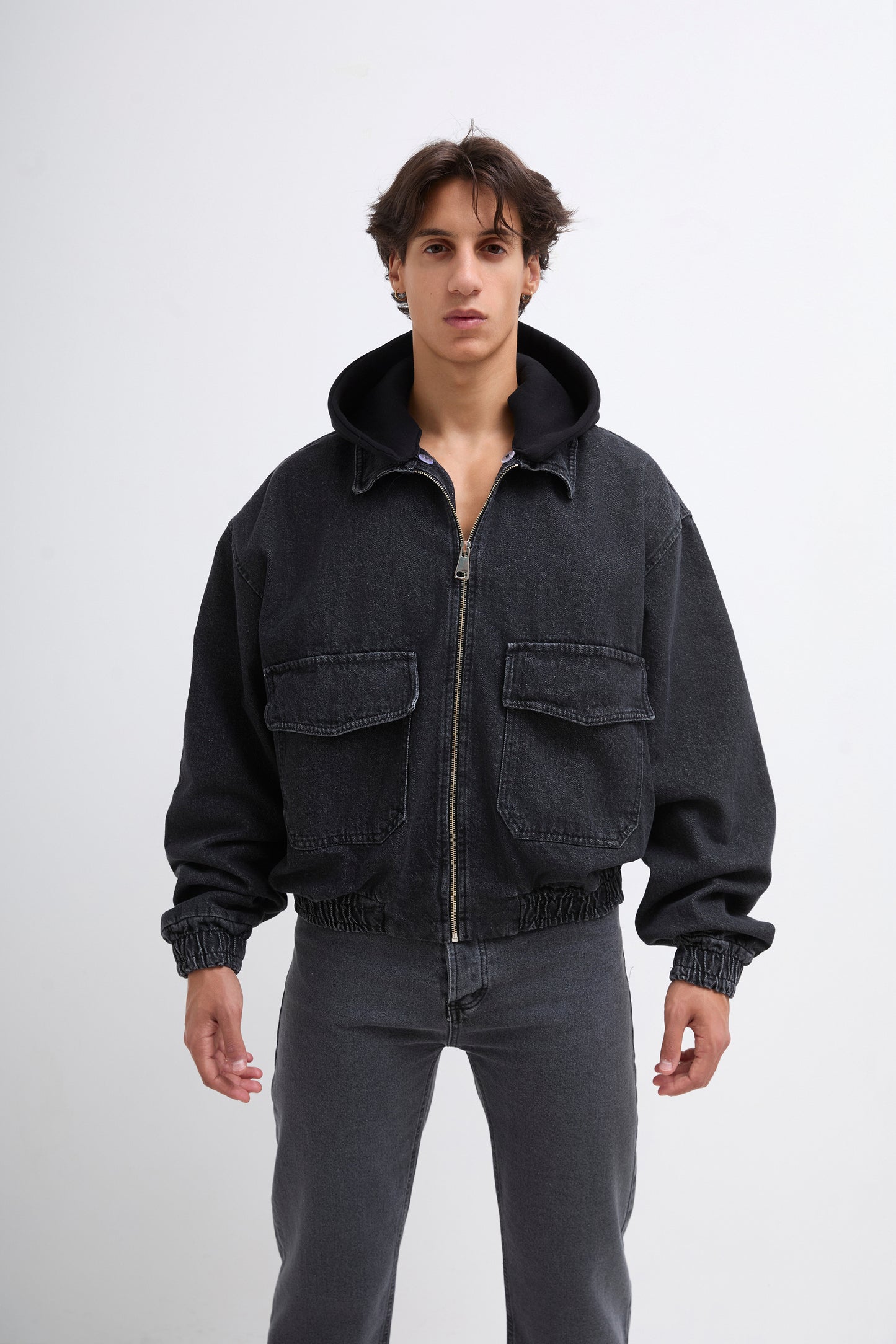 Veste en Jeans Homme Denim Noir Avec Capuche en Molleton