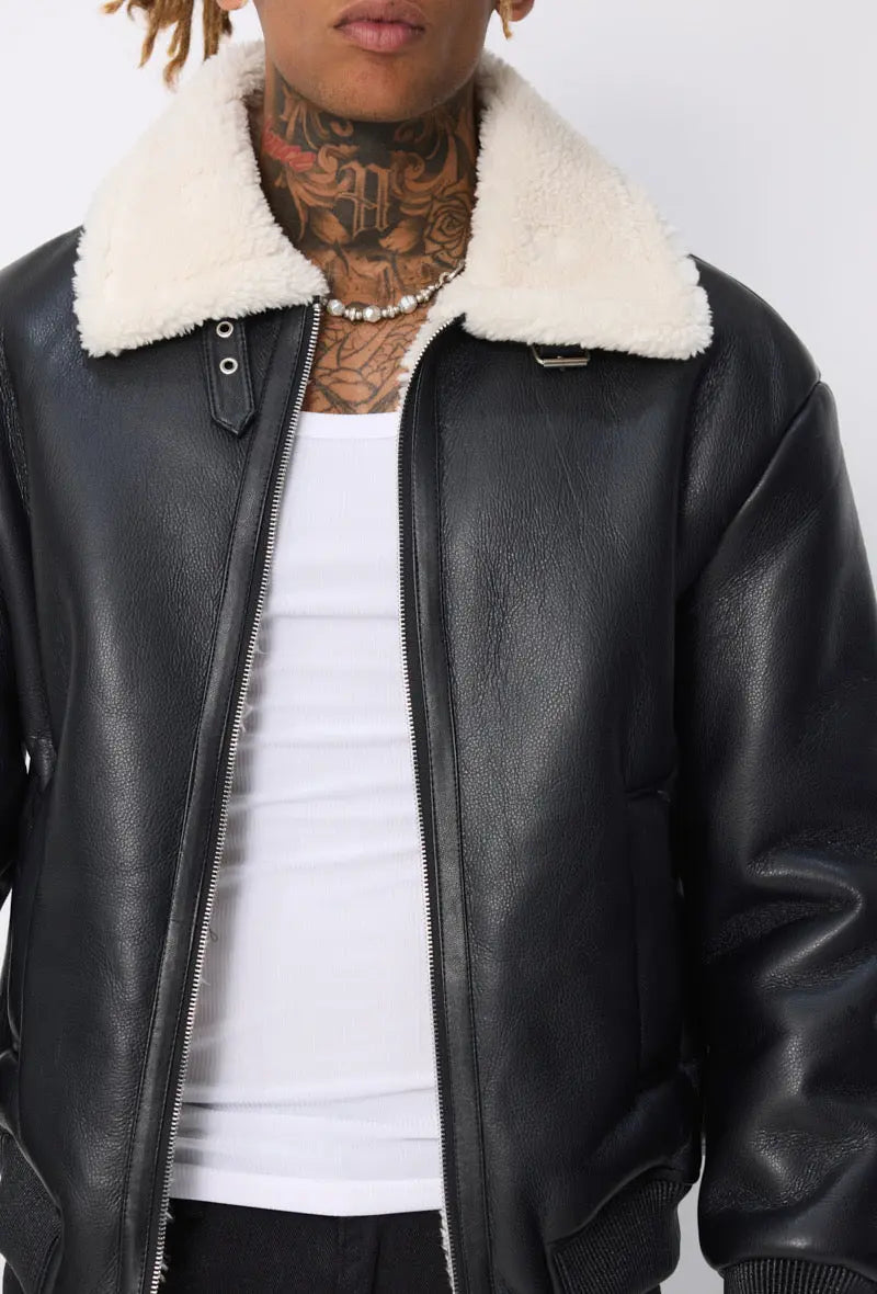 Blouson aviateur noir col sherpa beige homme bonhomme
