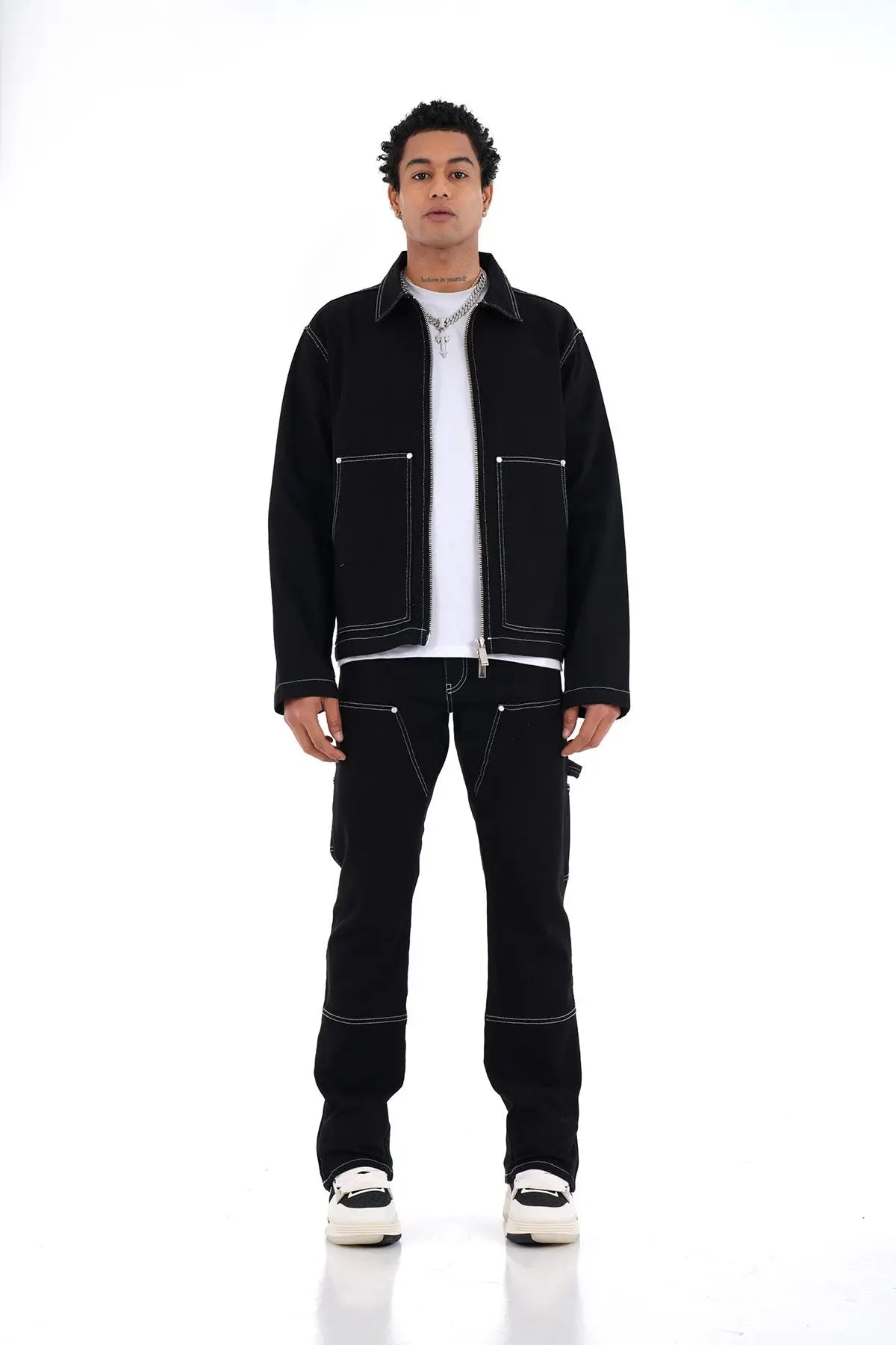 Ensemble Carpenter Noir – Veste à Gros Zip & Jean Flare 100% Coton bonhomme