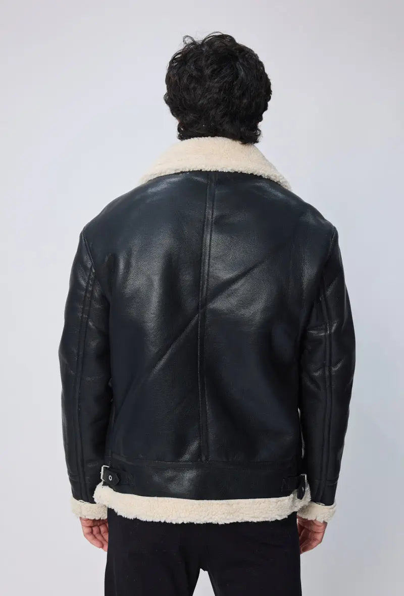 Blouson aviateur homme en simili cuir noir avec col mouton écru bonhomme