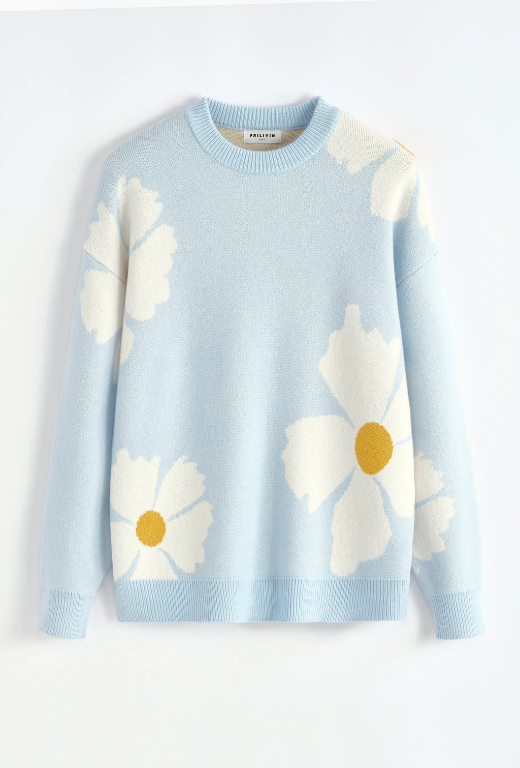 Pull bleu ciel à fleurs blanches bonhomme