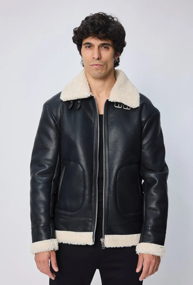 Blouson aviateur homme en simili cuir noir avec col mouton écru bonhomme
