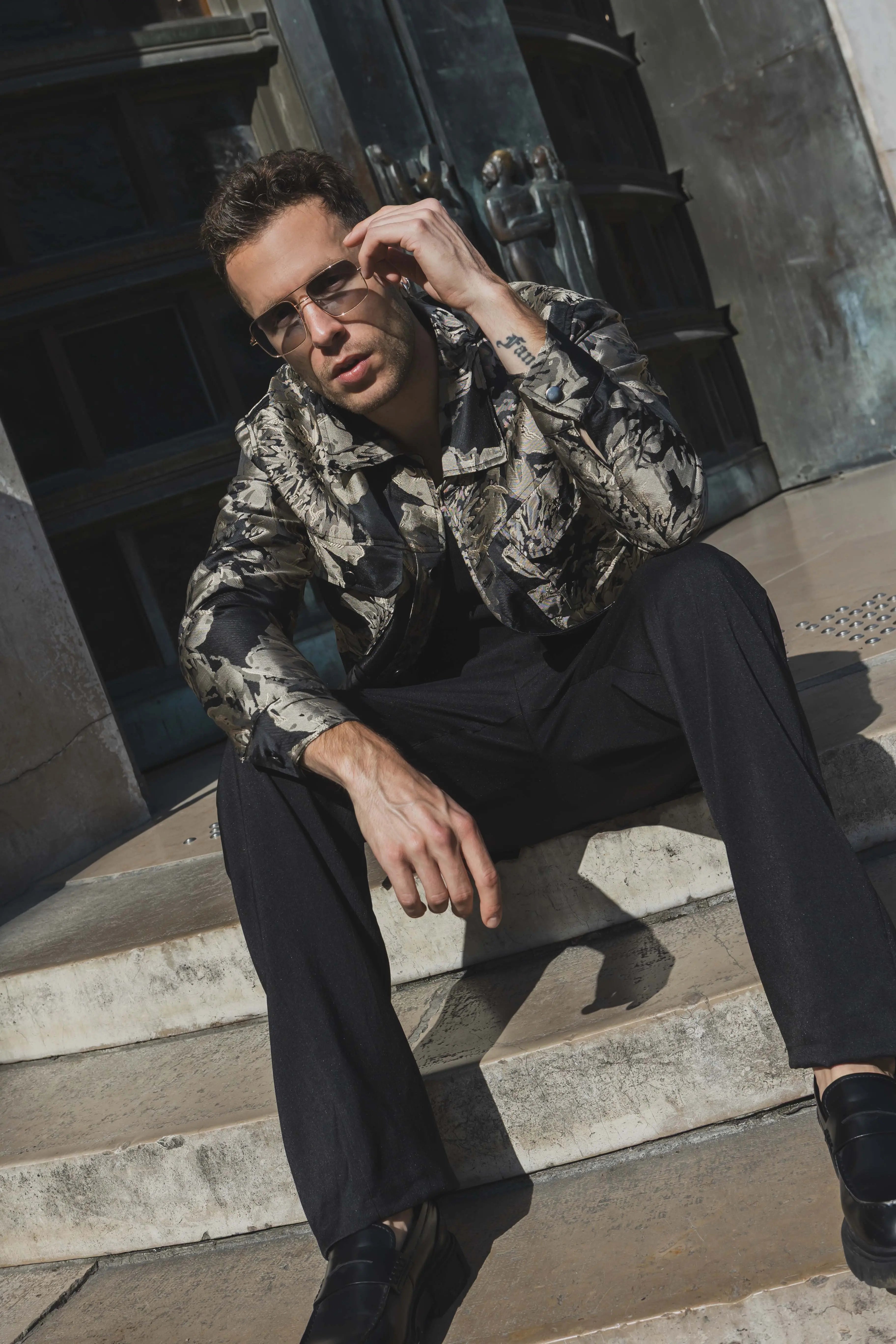 Veste en jean beige doré imprimé floral homme bonhomme