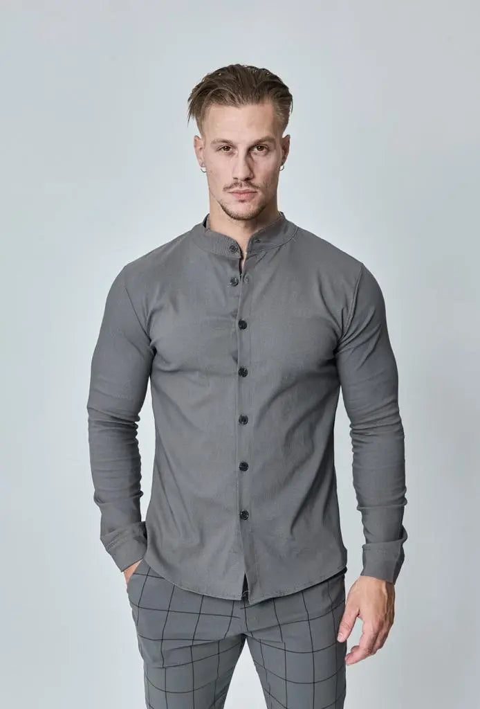 Chemise slim à boutons gris col mao bonhomme