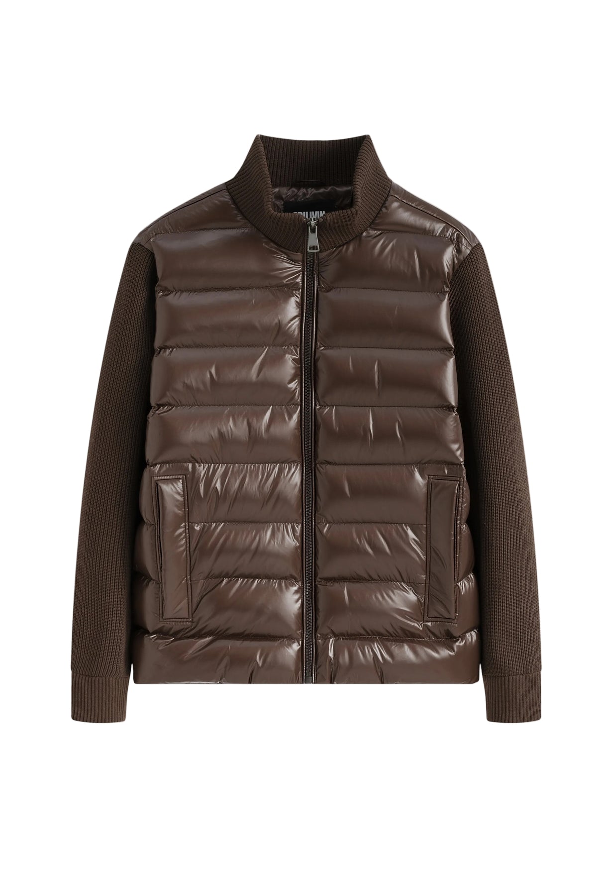 Veste bi-matière homme matelassée brillante et maille côtelée, col montant zippé – coloris marron chocolat