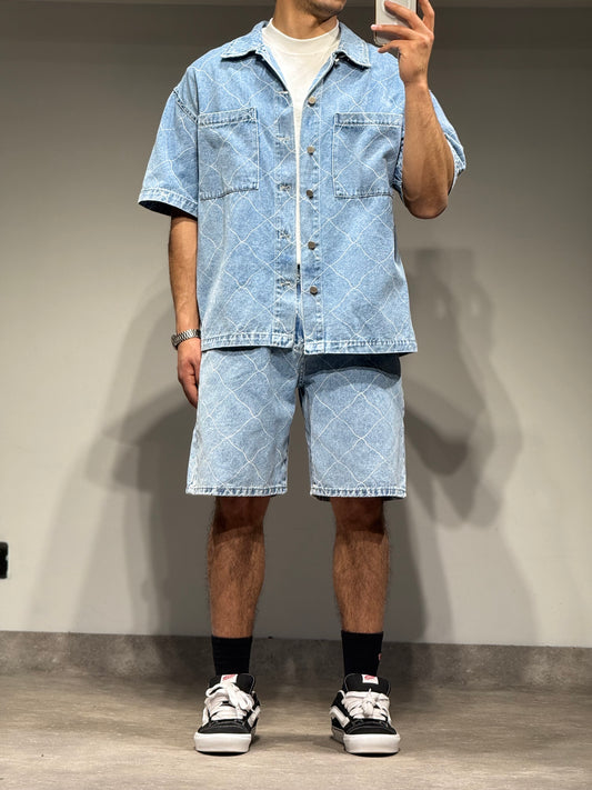 Ensemble En Jeans Chemise et Short Bleu à Motifs