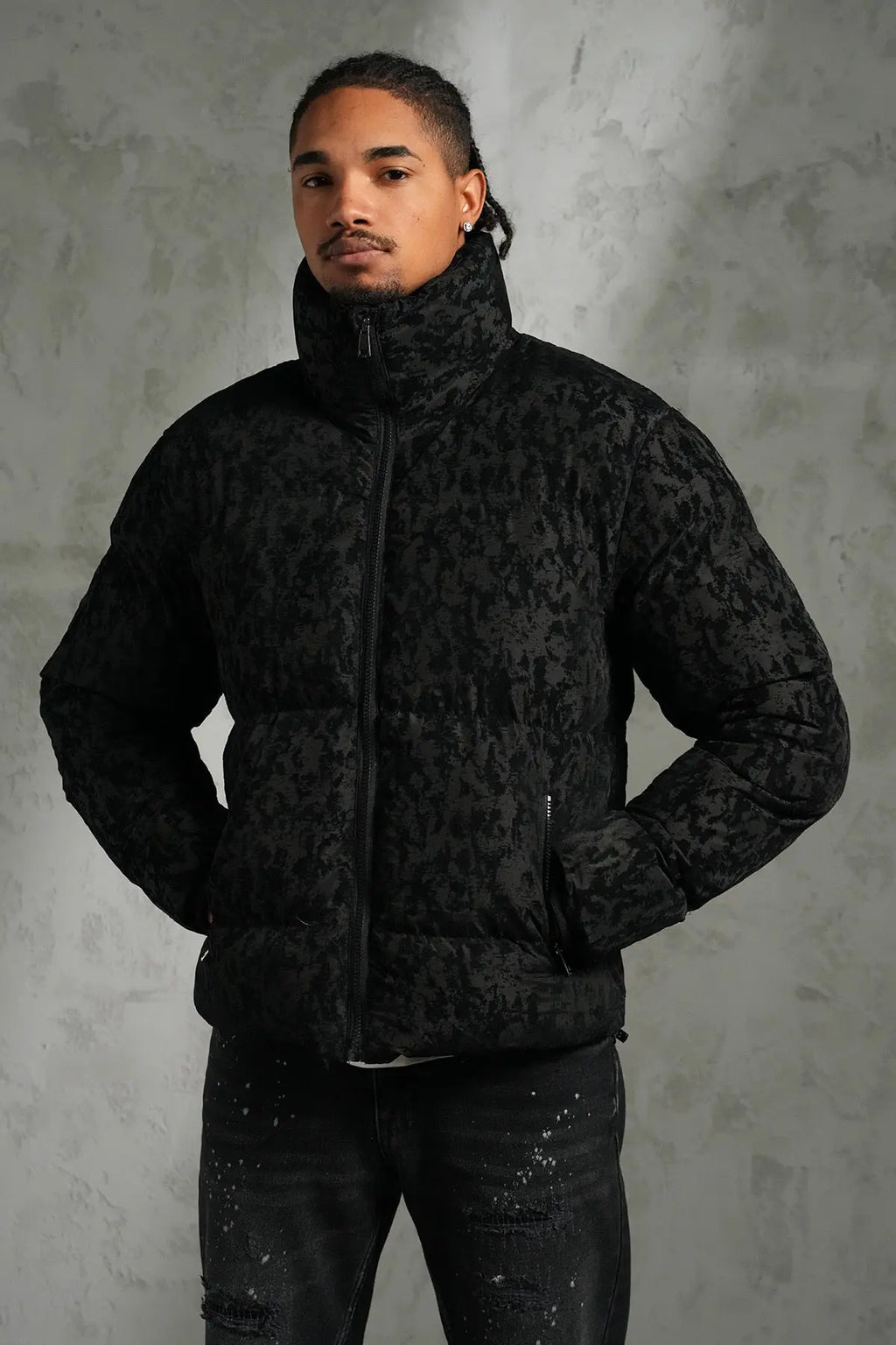 Doudoune Noir Brillante simili daim bonhomme