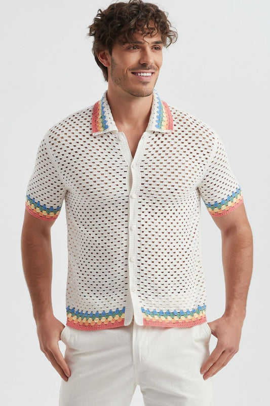 Chemise Crochet Homme Blanc Multi-couleurs