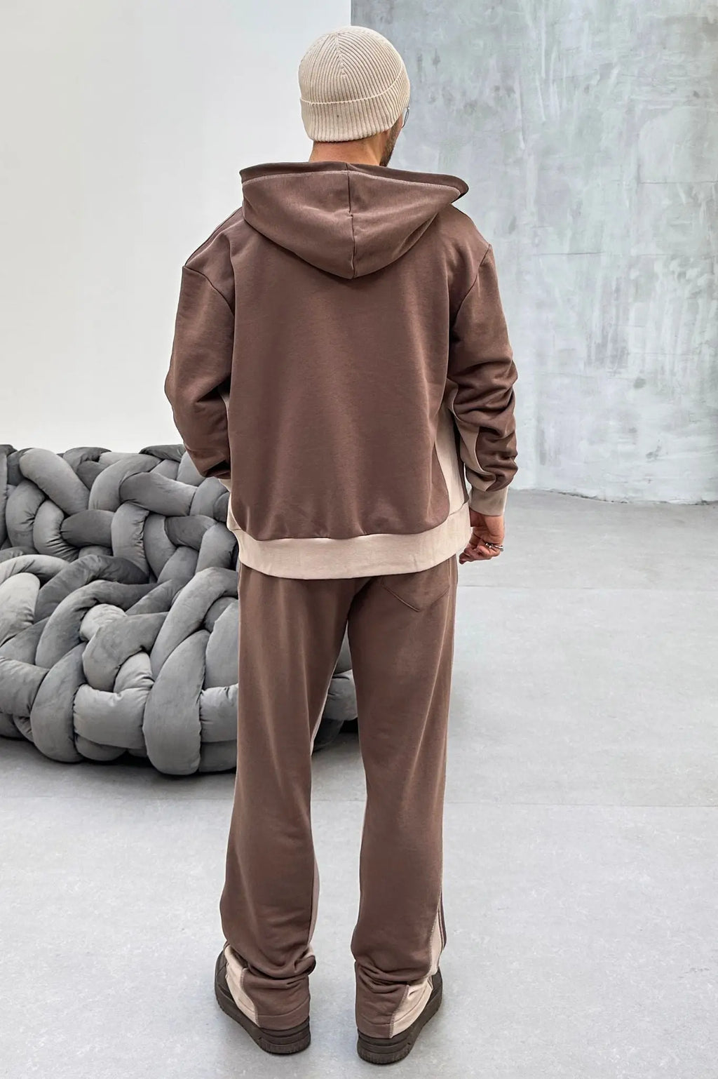 Ensemble jogging bi couleur veste et pantalon jogging coup flare marron beige bonhomme