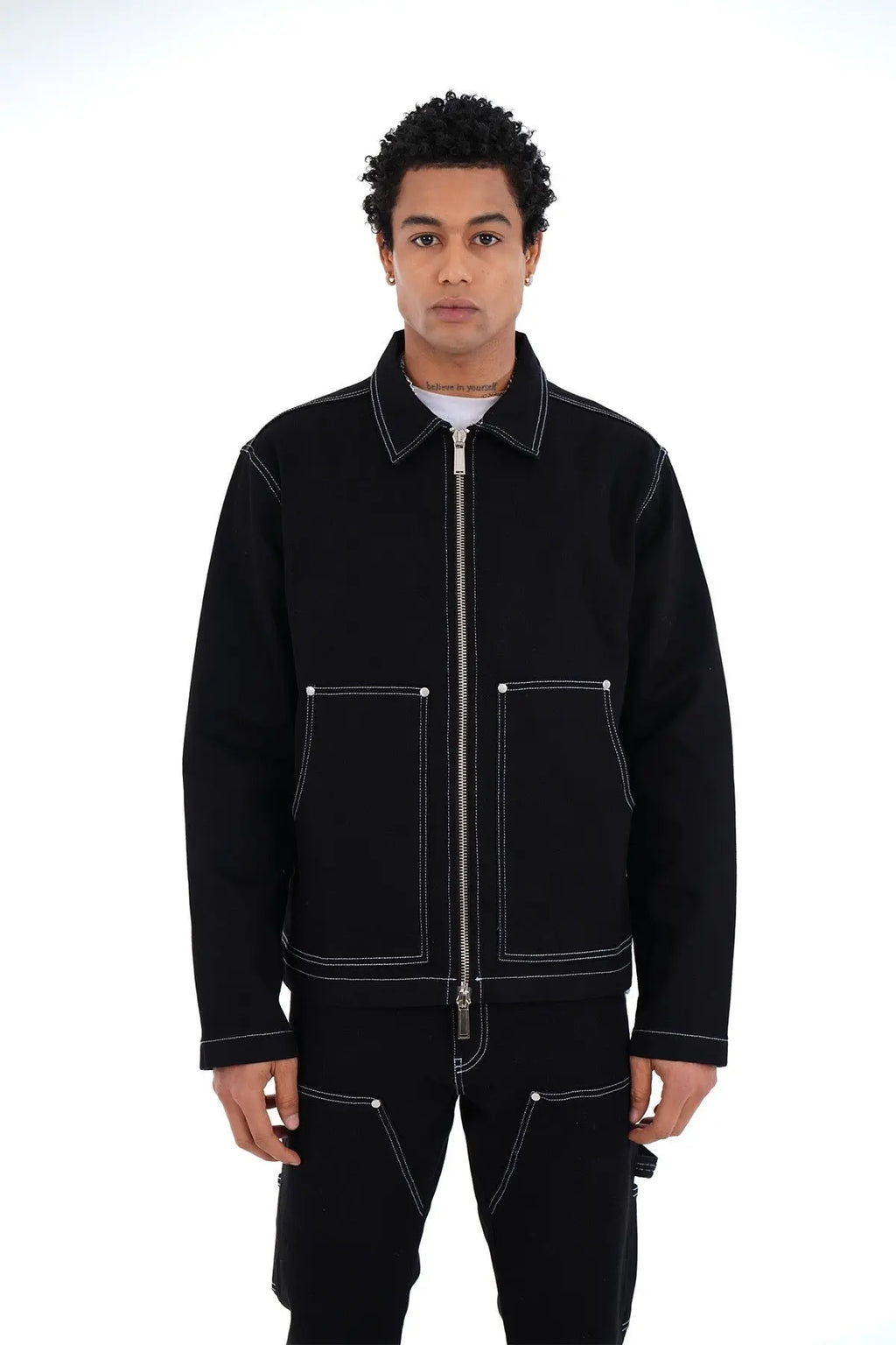 Ensemble Carpenter Noir – Veste à Gros Zip & Jean Flare 100% Coton bonhomme