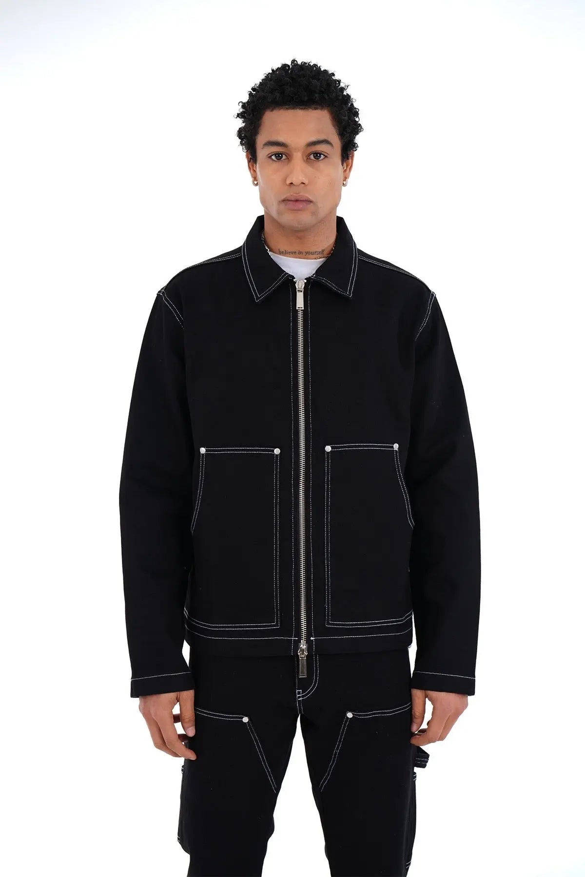 Ensemble Carpenter Noir – Veste à Gros Zip & Jean Flare 100% Coton bonhomme