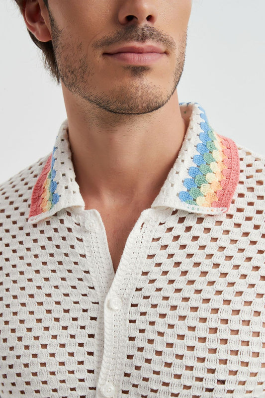 Chemise Crochet Homme Blanc Multi-couleurs