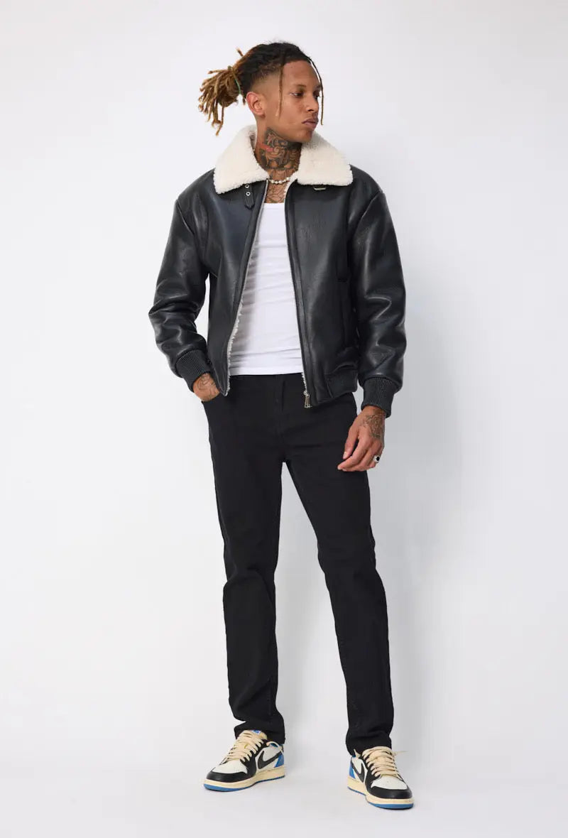 Blouson aviateur noir col sherpa beige homme bonhomme