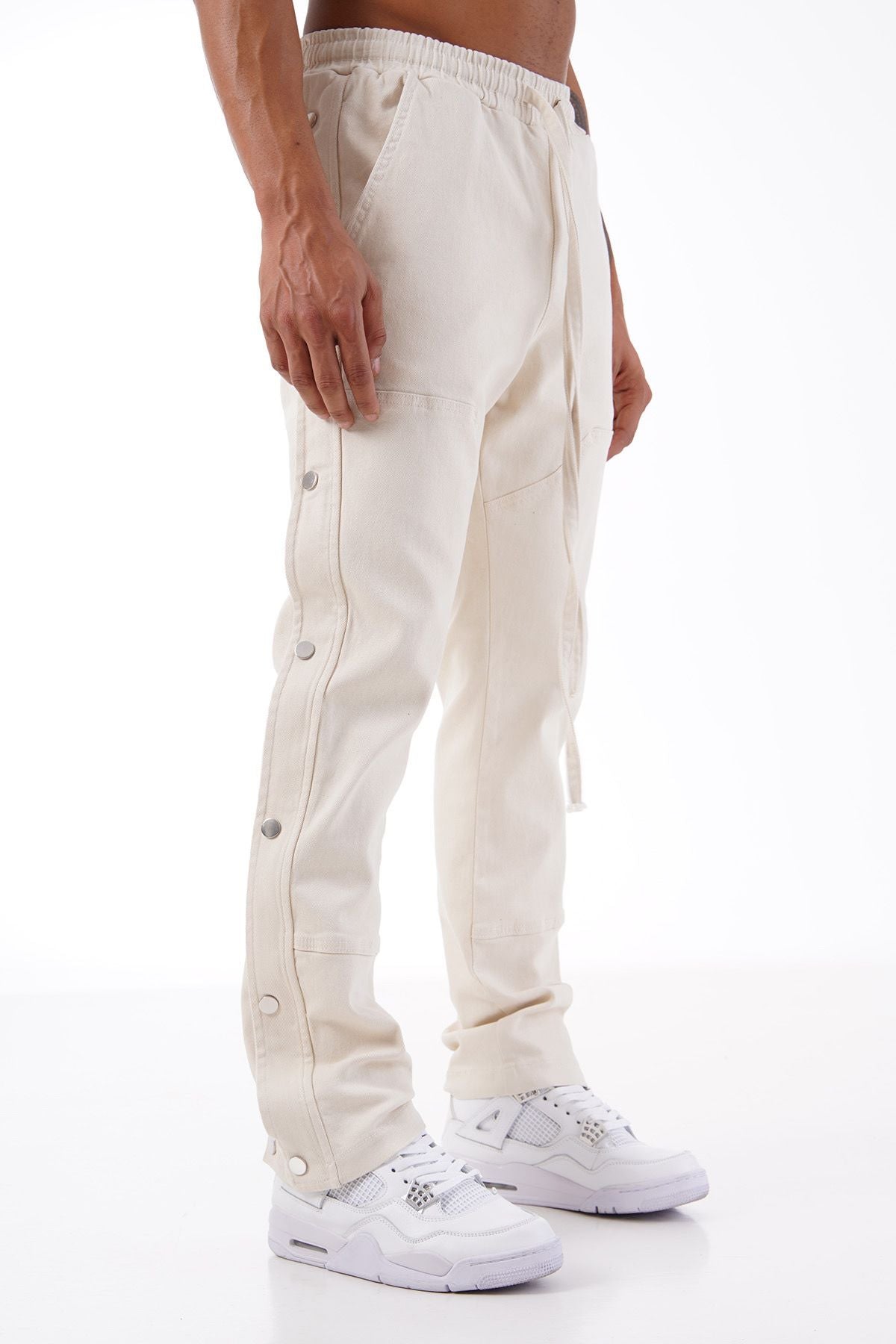Pantalon Jeans Beige Coupe Carpenter avec Pression et zip