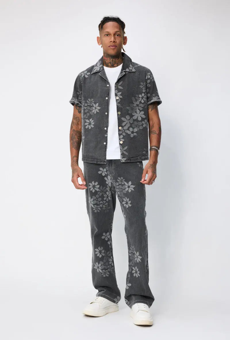 Ensemble En Jeans Chemise Pantalon Denim Noir Floral bonhomme