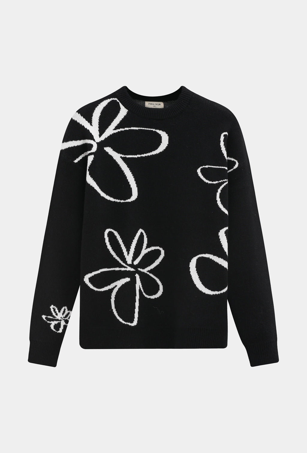 Pull noir homme à motifs fleurs blanches bonhomme