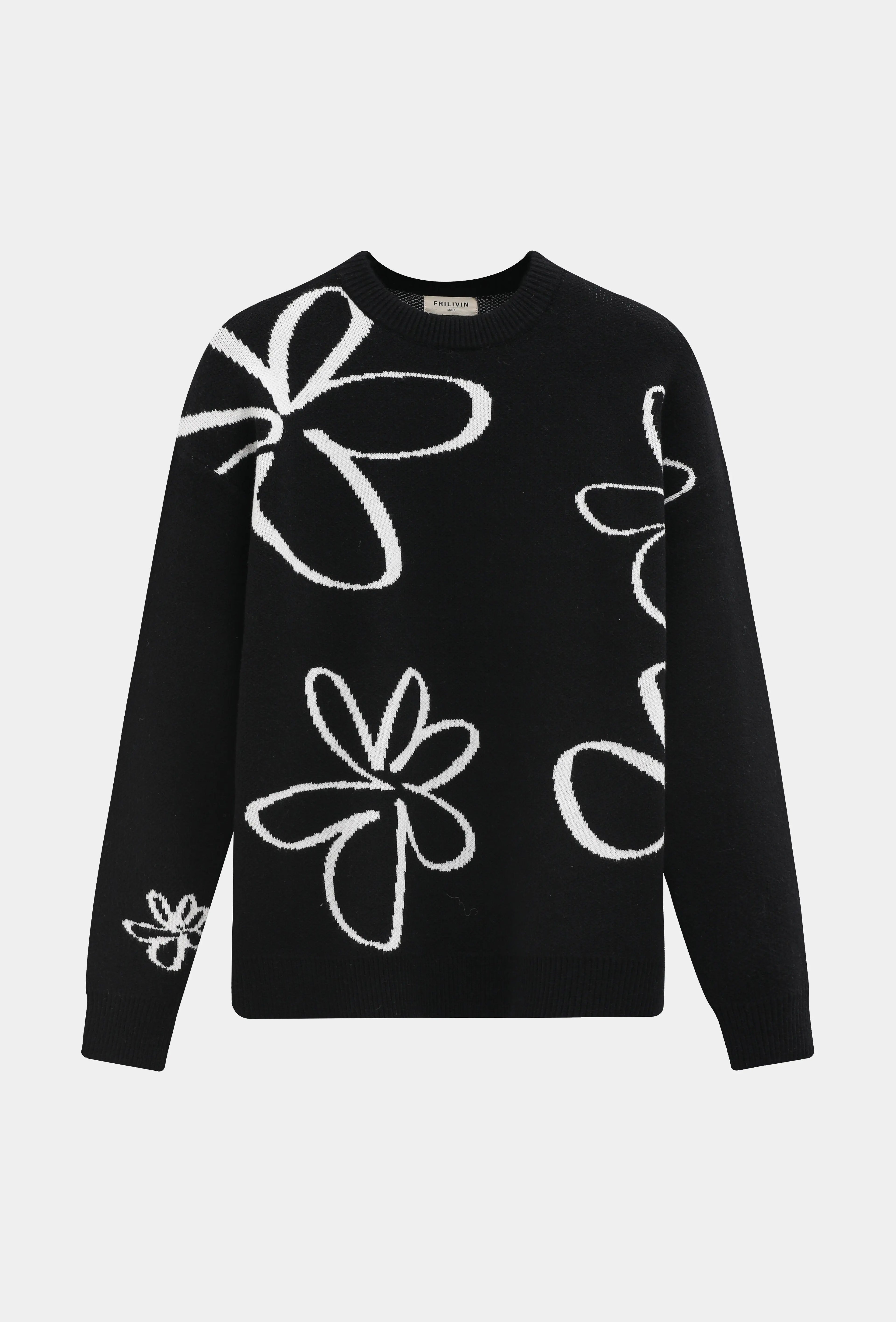 Pull noir homme à motifs fleurs blanches bonhomme