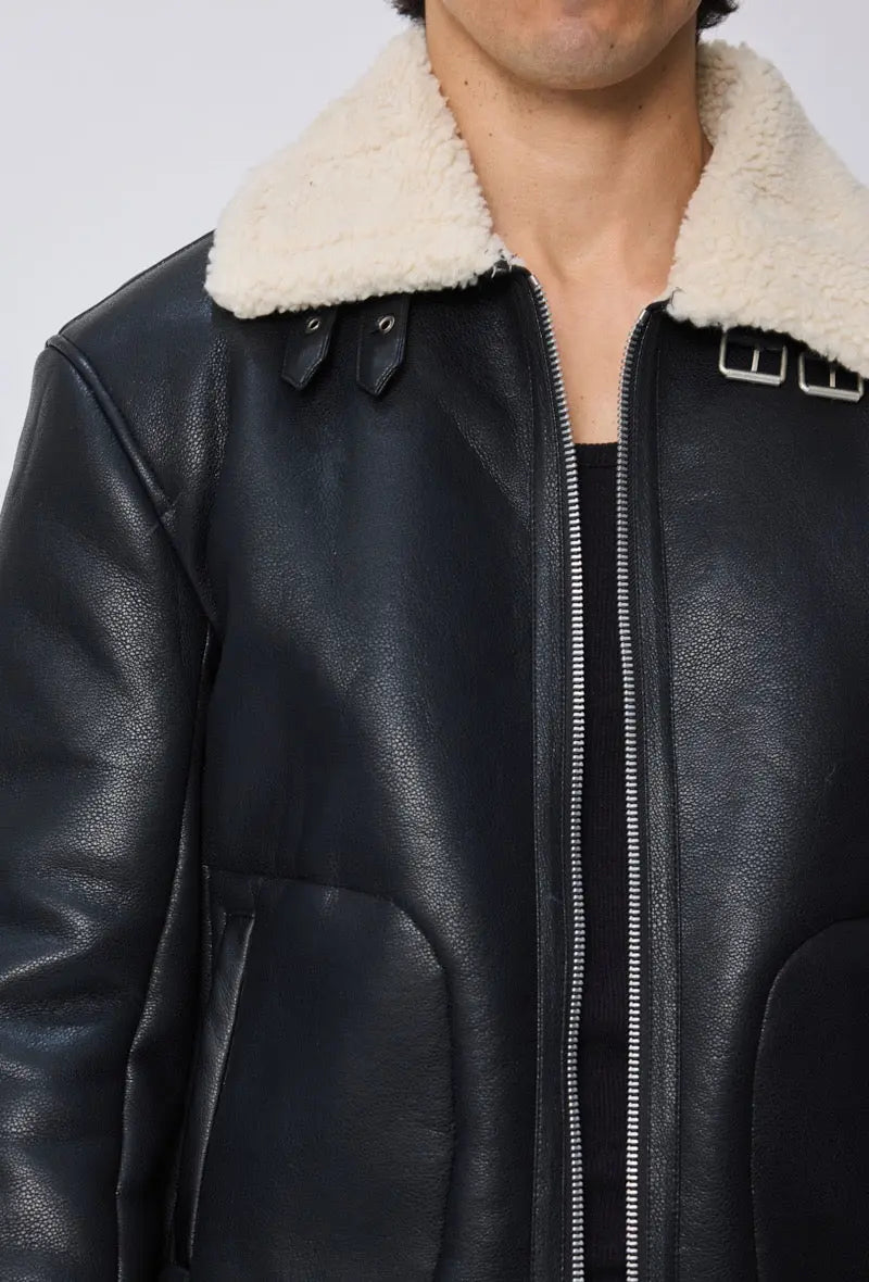 Blouson aviateur homme en simili cuir noir avec col mouton écru bonhomme
