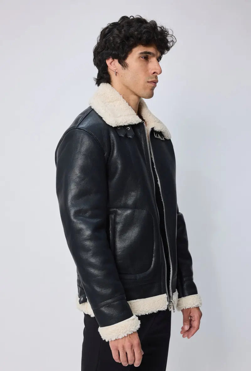 Blouson aviateur homme en simili cuir noir avec col mouton écru bonhomme