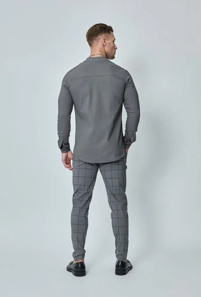 Chemise slim à boutons gris col mao bonhomme