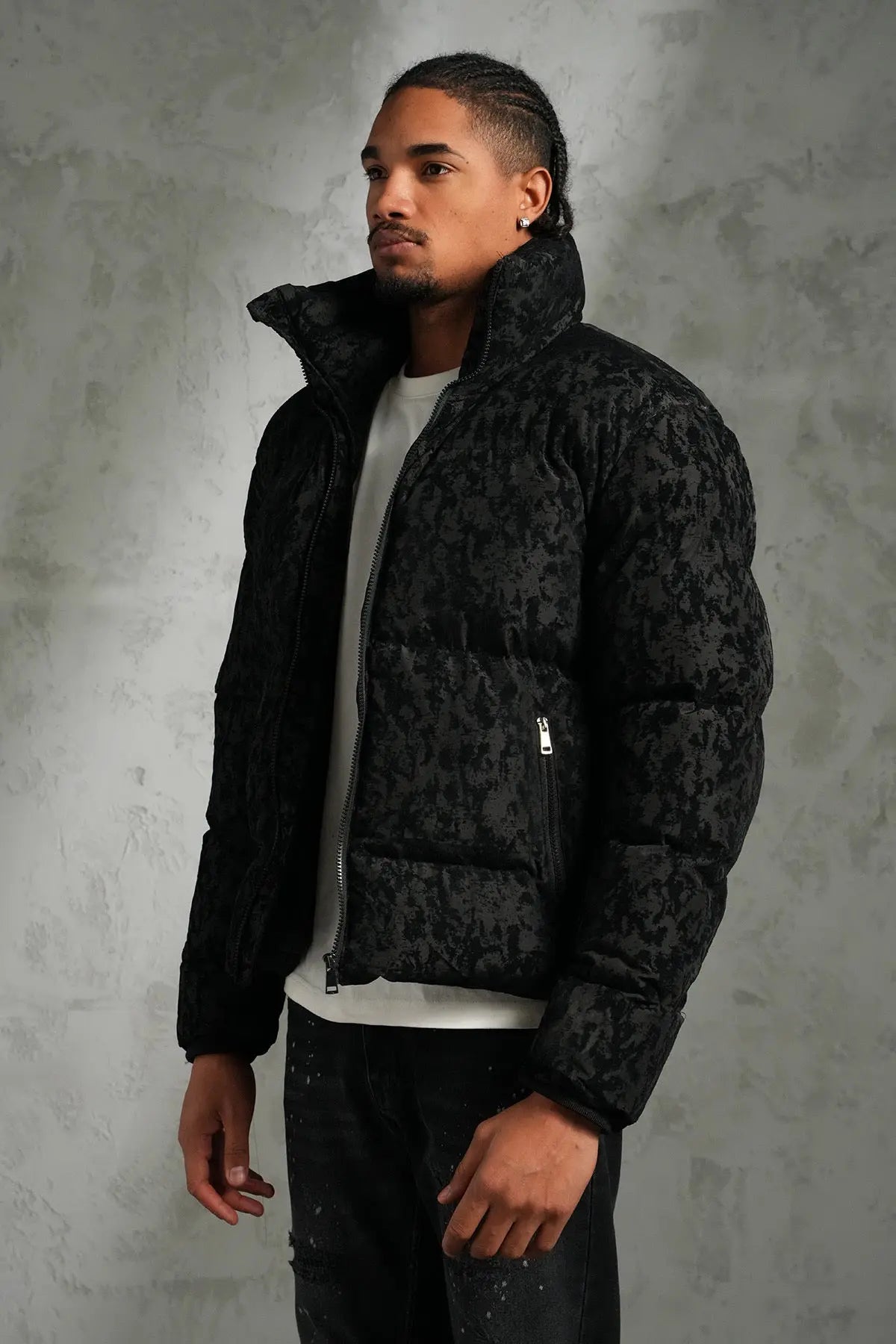 Doudoune Noir Brillante simili daim bonhomme