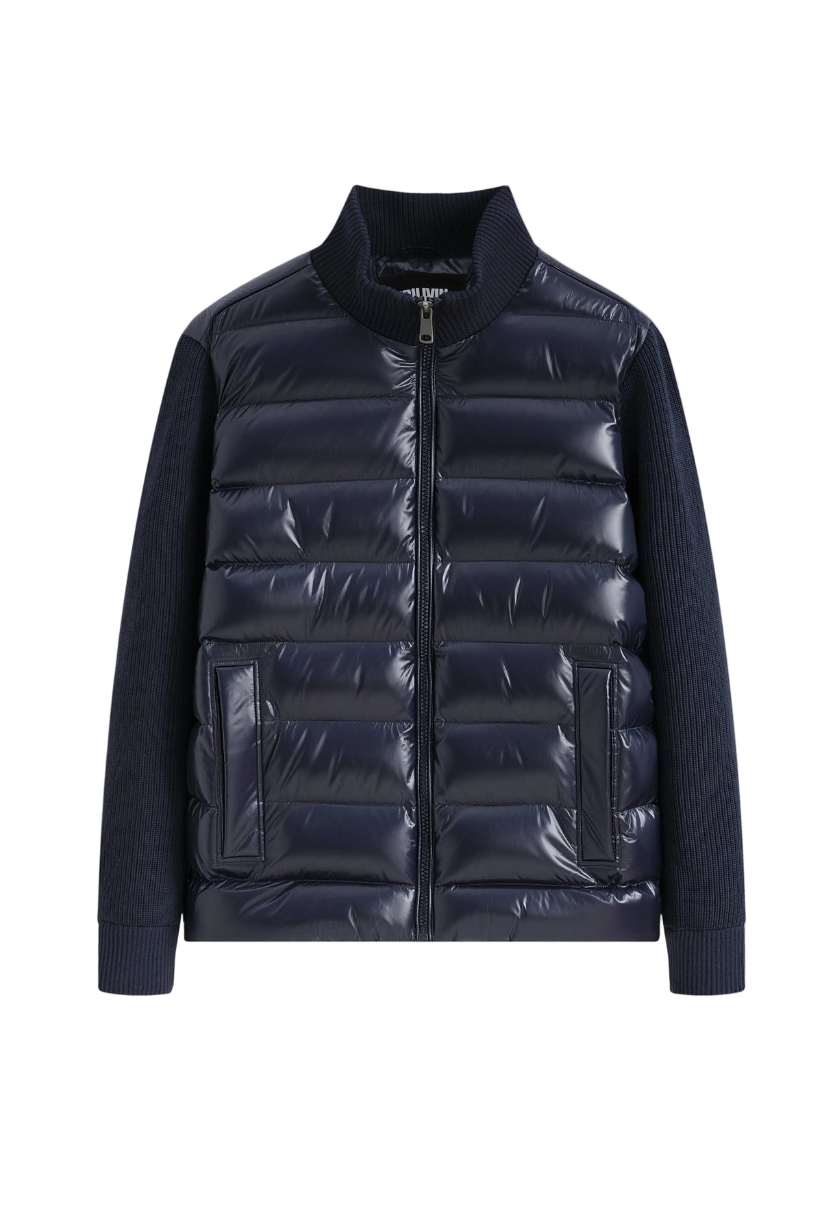 Veste bi-matière homme matelassée brillante et maille côtelée, col montant zippé – coloris bleu marine