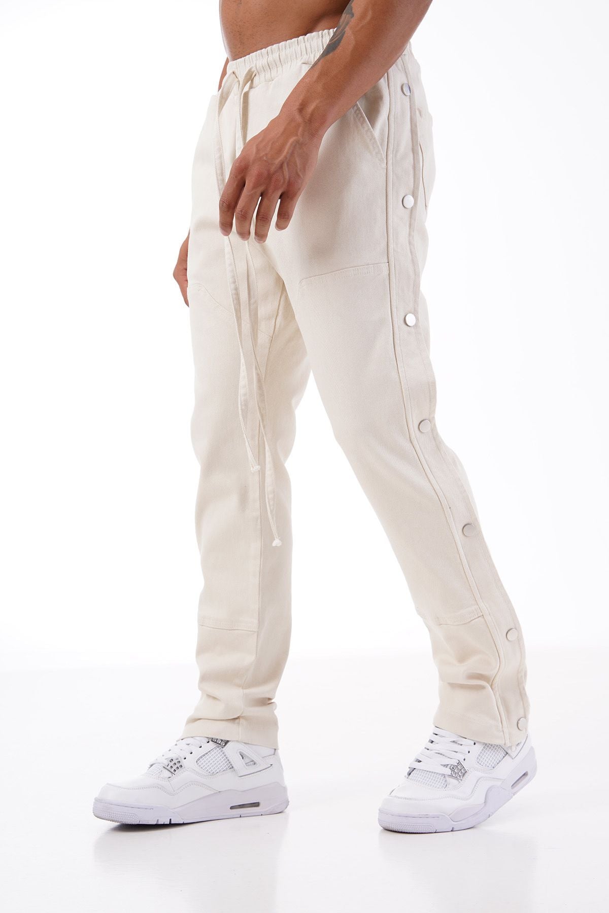 Pantalon Jeans Beige Coupe Carpenter avec Pression et zip