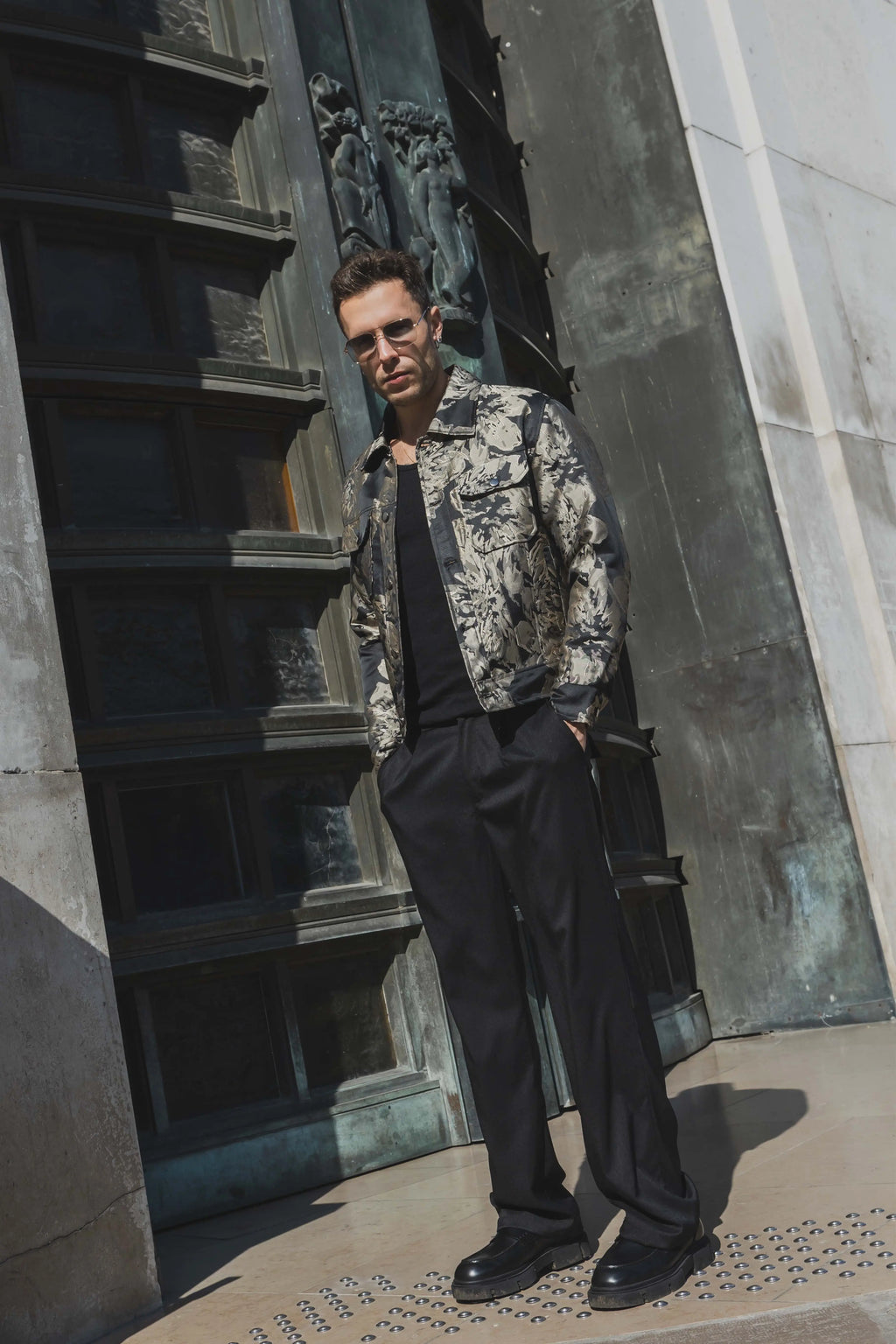 Veste en jean beige doré imprimé floral homme bonhomme