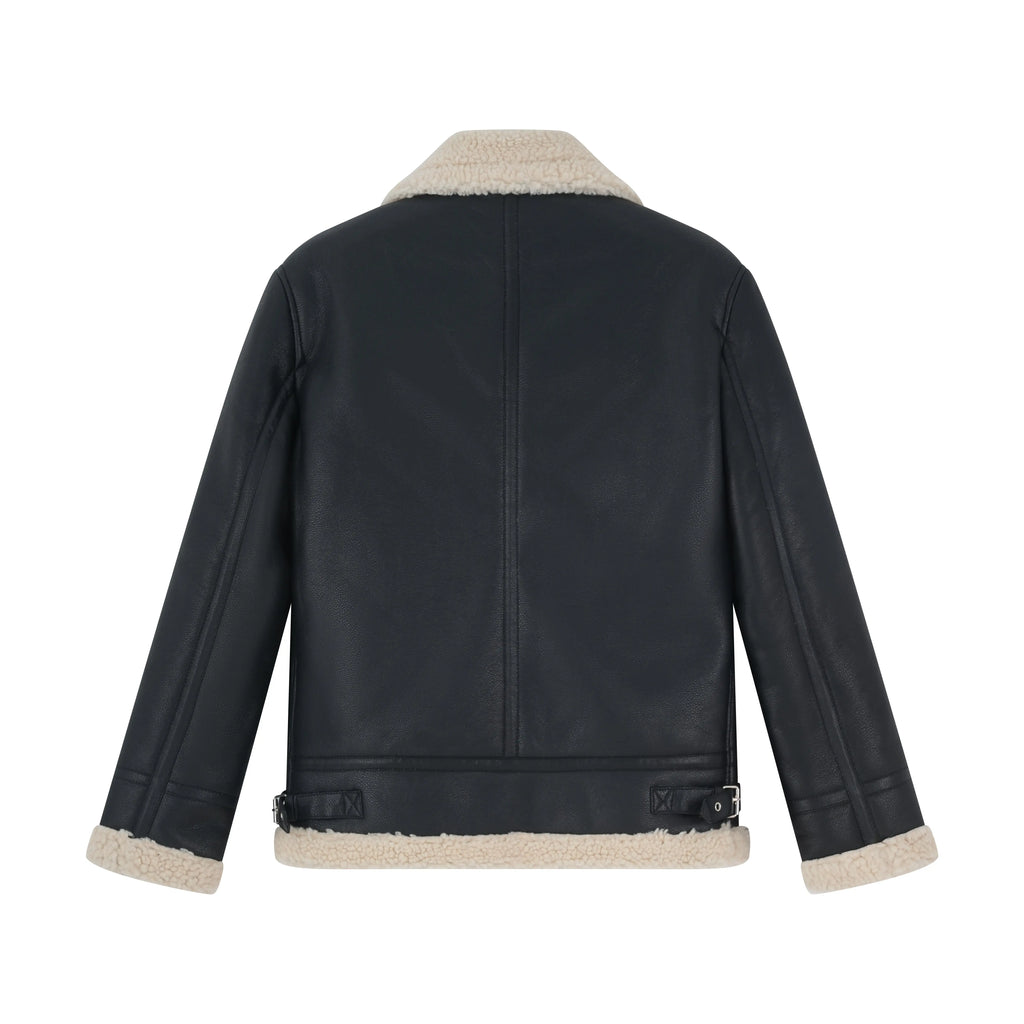 Blouson aviateur homme en simili cuir noir avec col mouton écru bonhomme