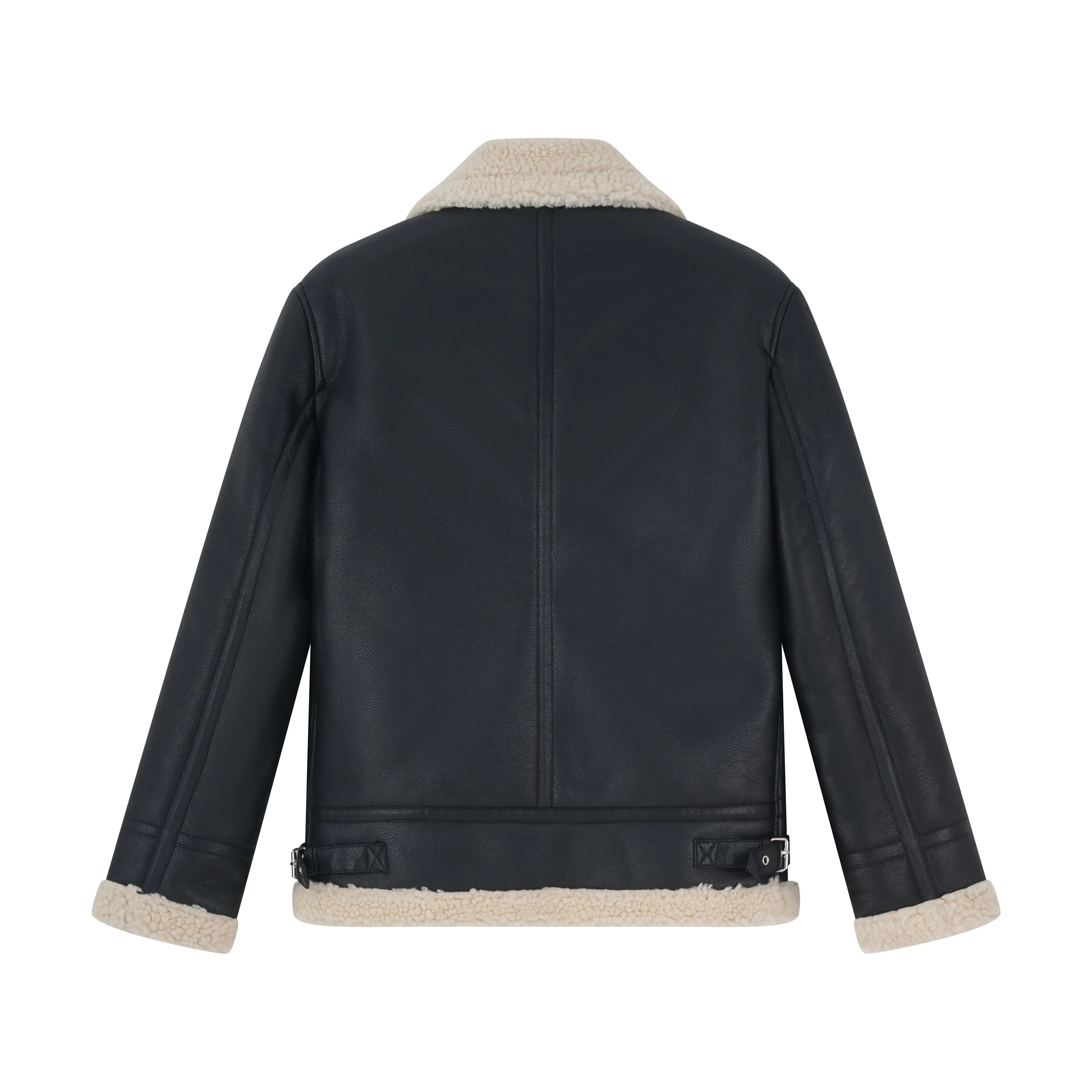 Blouson aviateur homme en simili cuir noir avec col mouton écru bonhomme