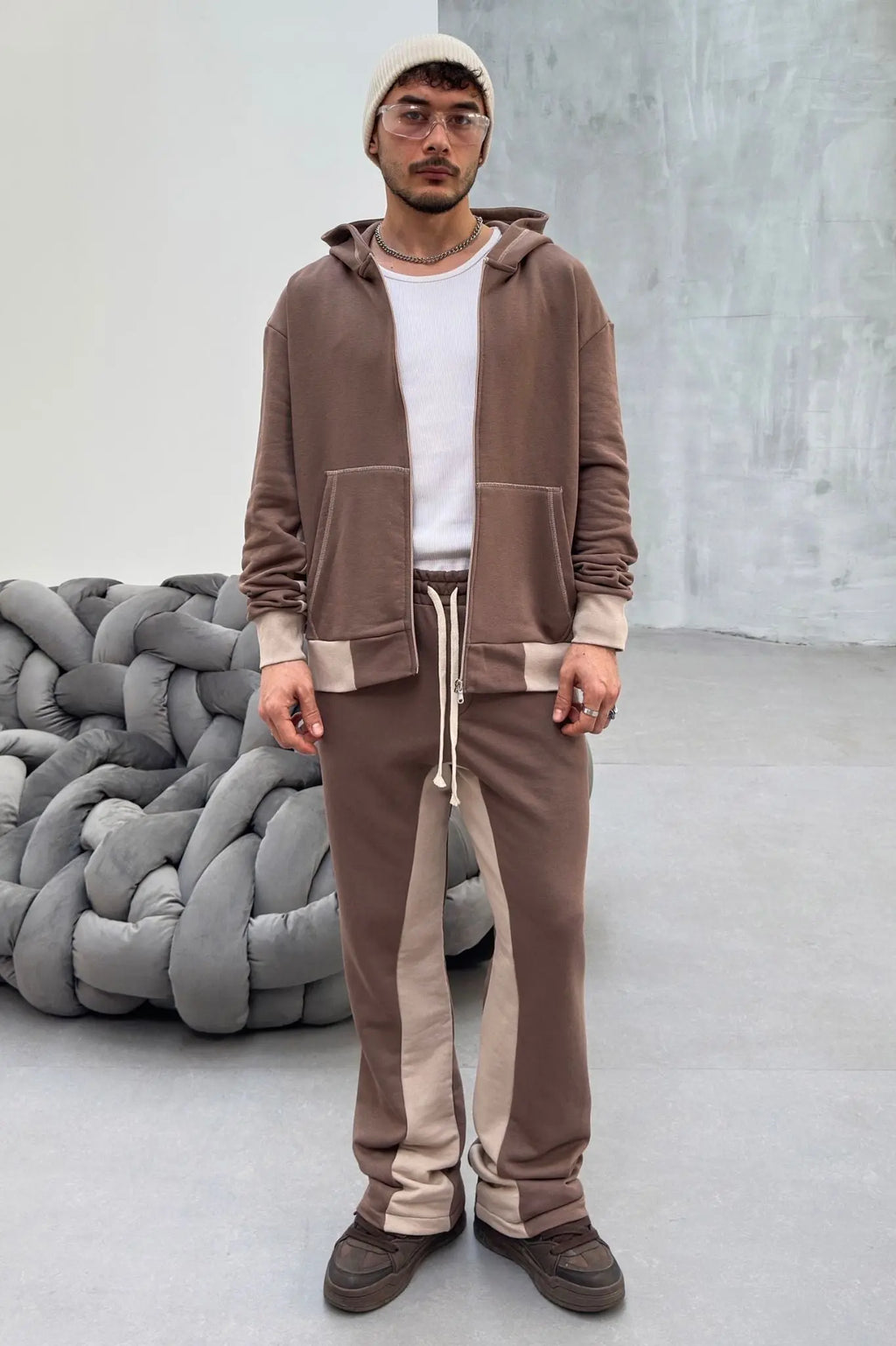 Ensemble jogging bi couleur veste et pantalon jogging coup flare marron beige bonhomme