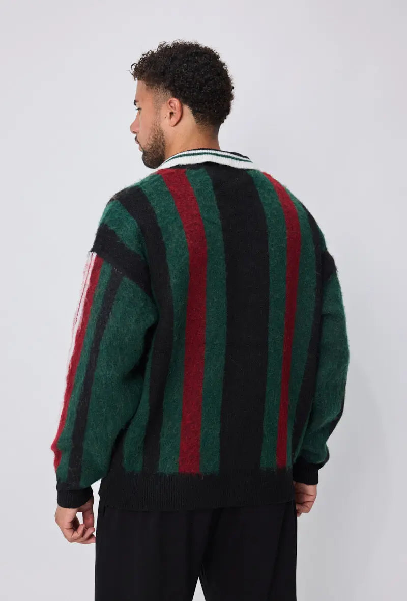 Pull Homme Rayé Rouge Vert Noir – Style Champion bonhomme