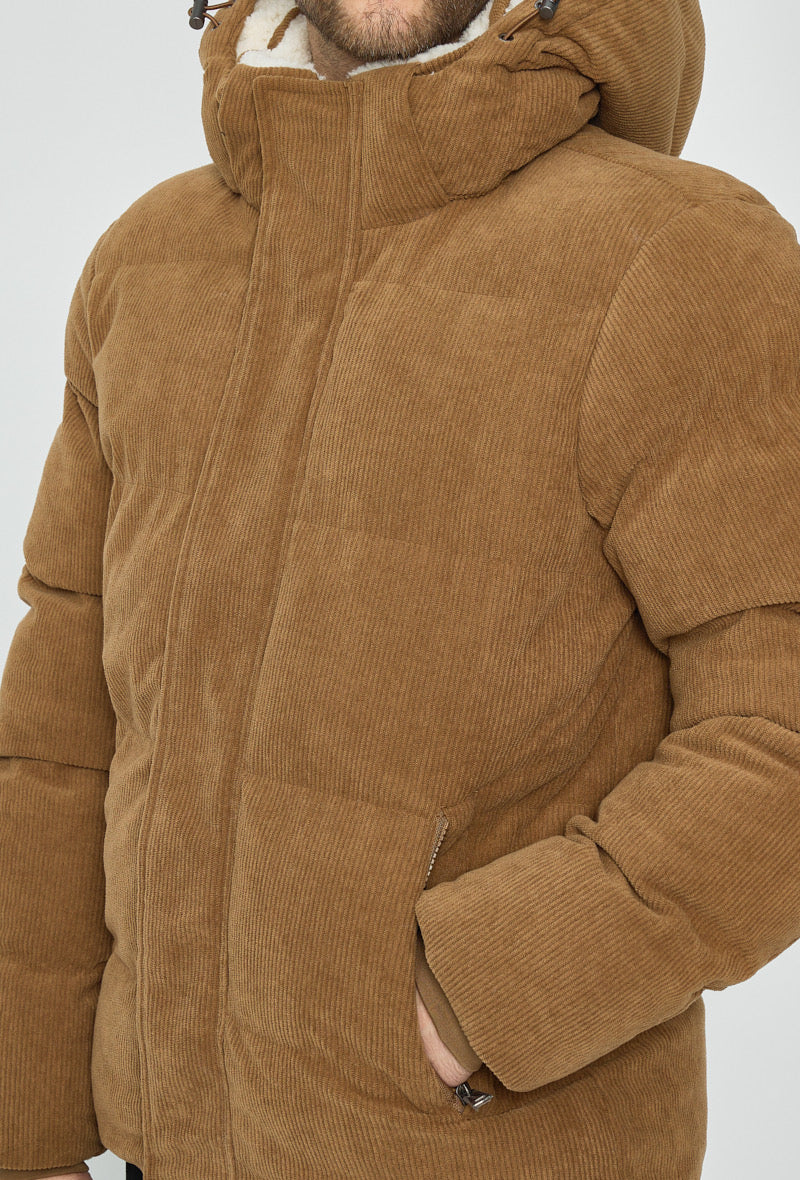 Manteau Doudoune Homme Velour Camel à Capuche