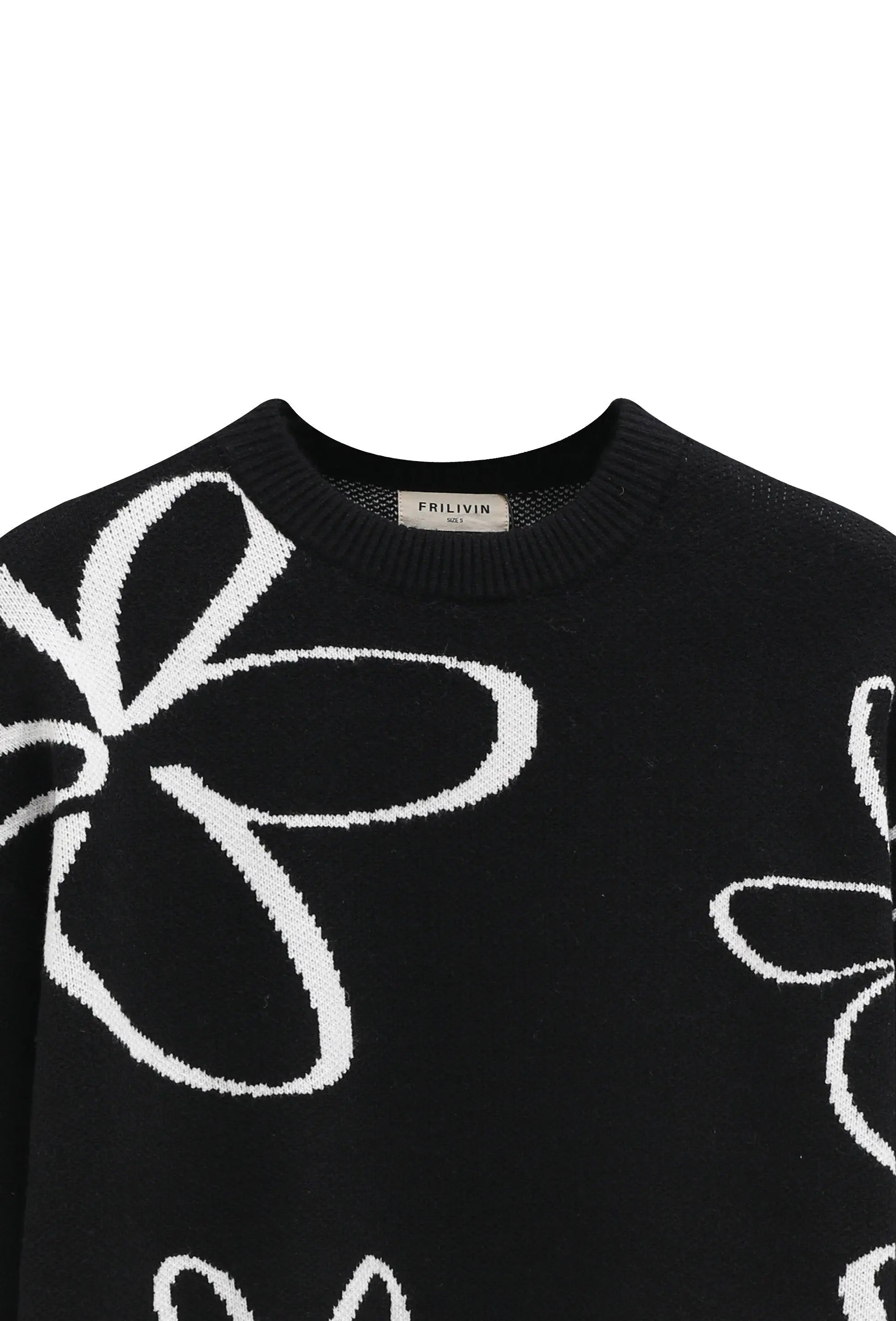 Pull noir homme à motifs fleurs blanches bonhomme