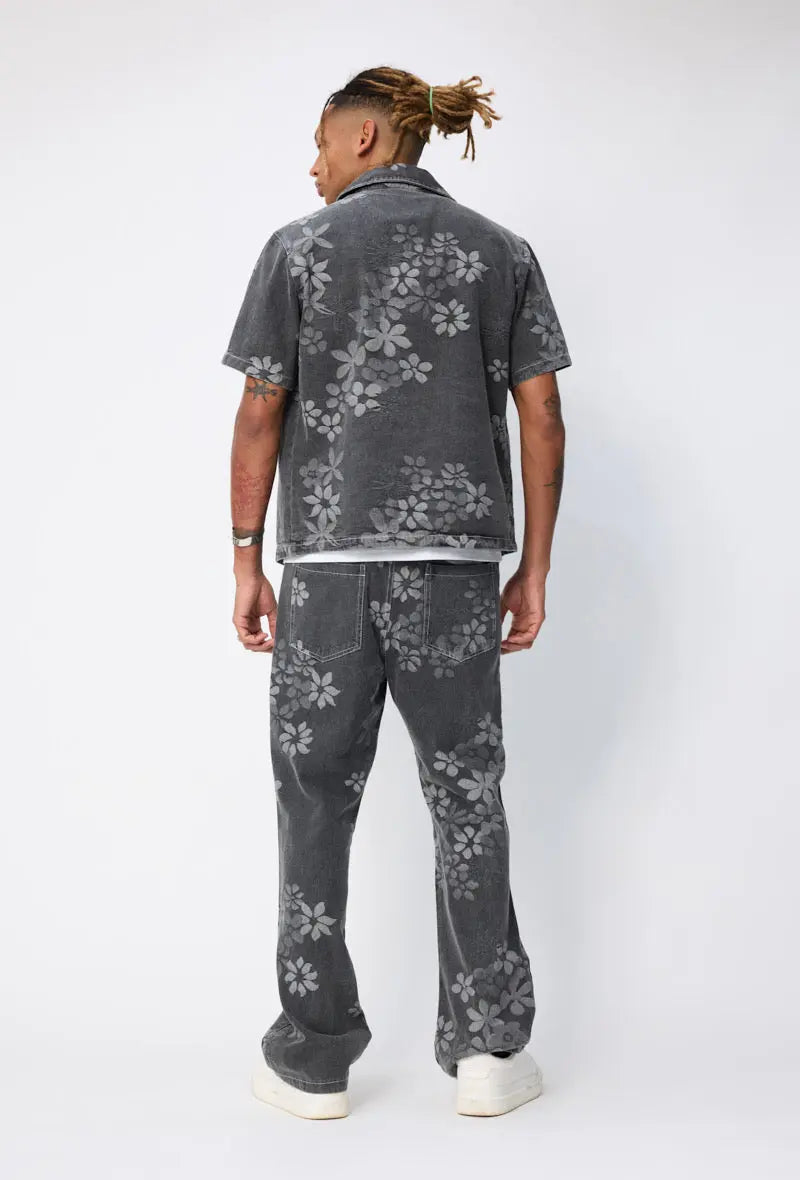 Ensemble En Jeans Chemise Pantalon Denim Noir Floral bonhomme