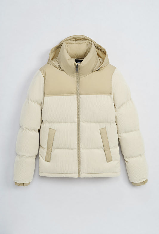 Manteau Doudoune Velours Bi-couleur à Capuche Beige et Blanc