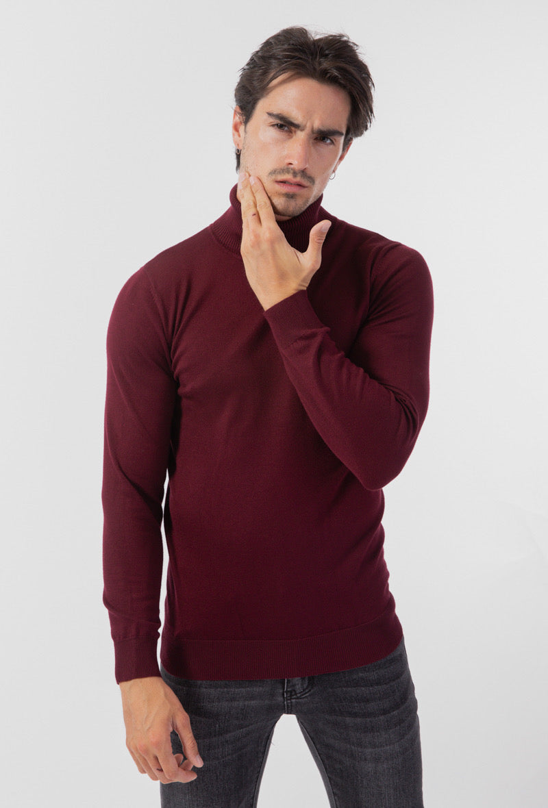 Pull col Roulé Homme Bordeau