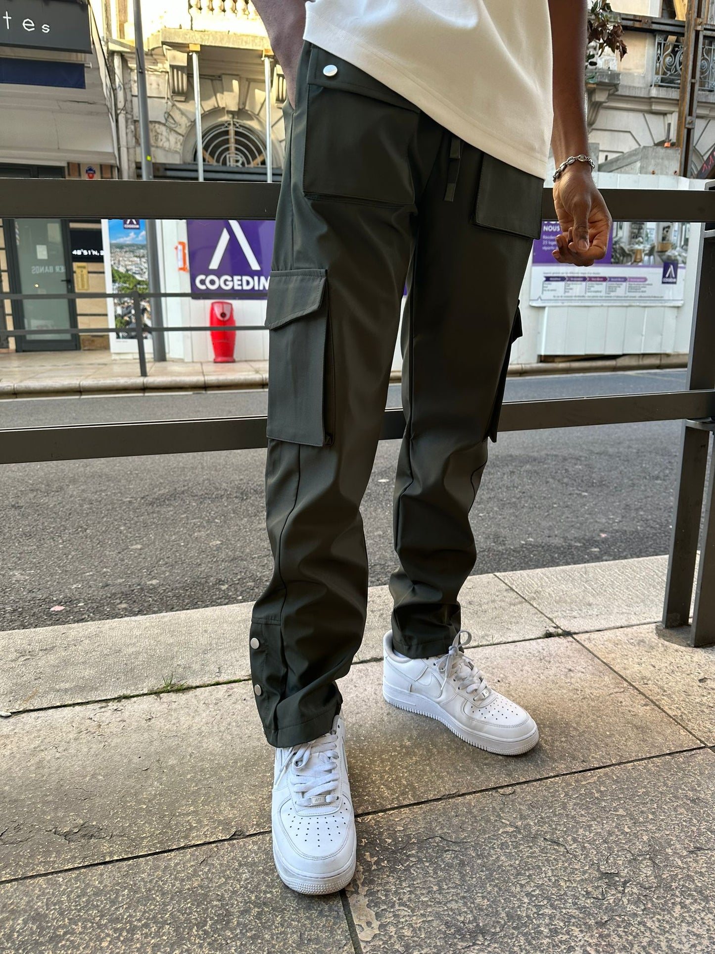 Pantalon cargo kaki à pression en toile avec 3 Bouttons