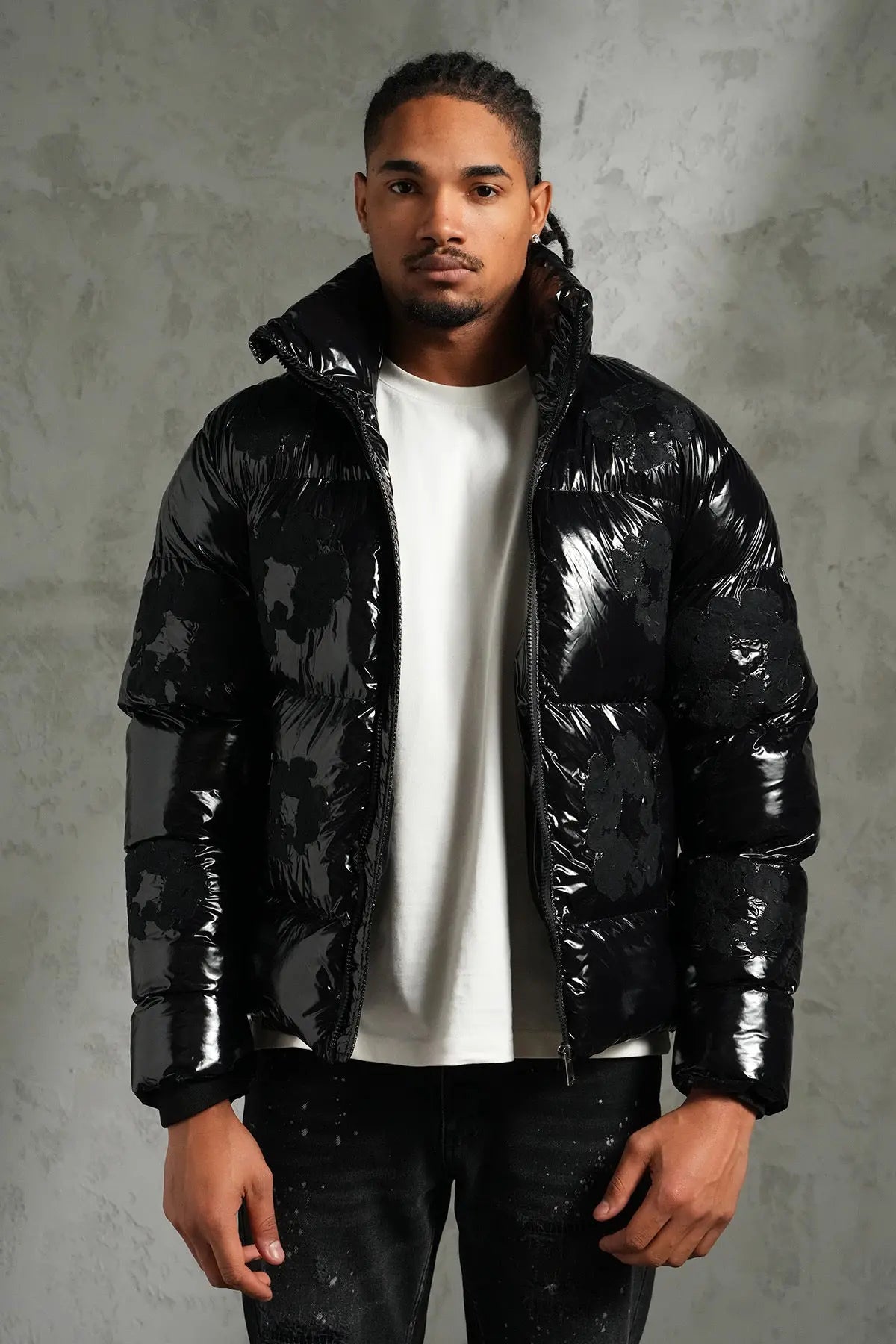 Doudoune Noir Brillante Fleur bonhomme