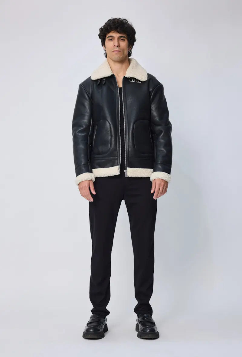 Blouson aviateur homme en simili cuir noir avec col mouton écru bonhomme