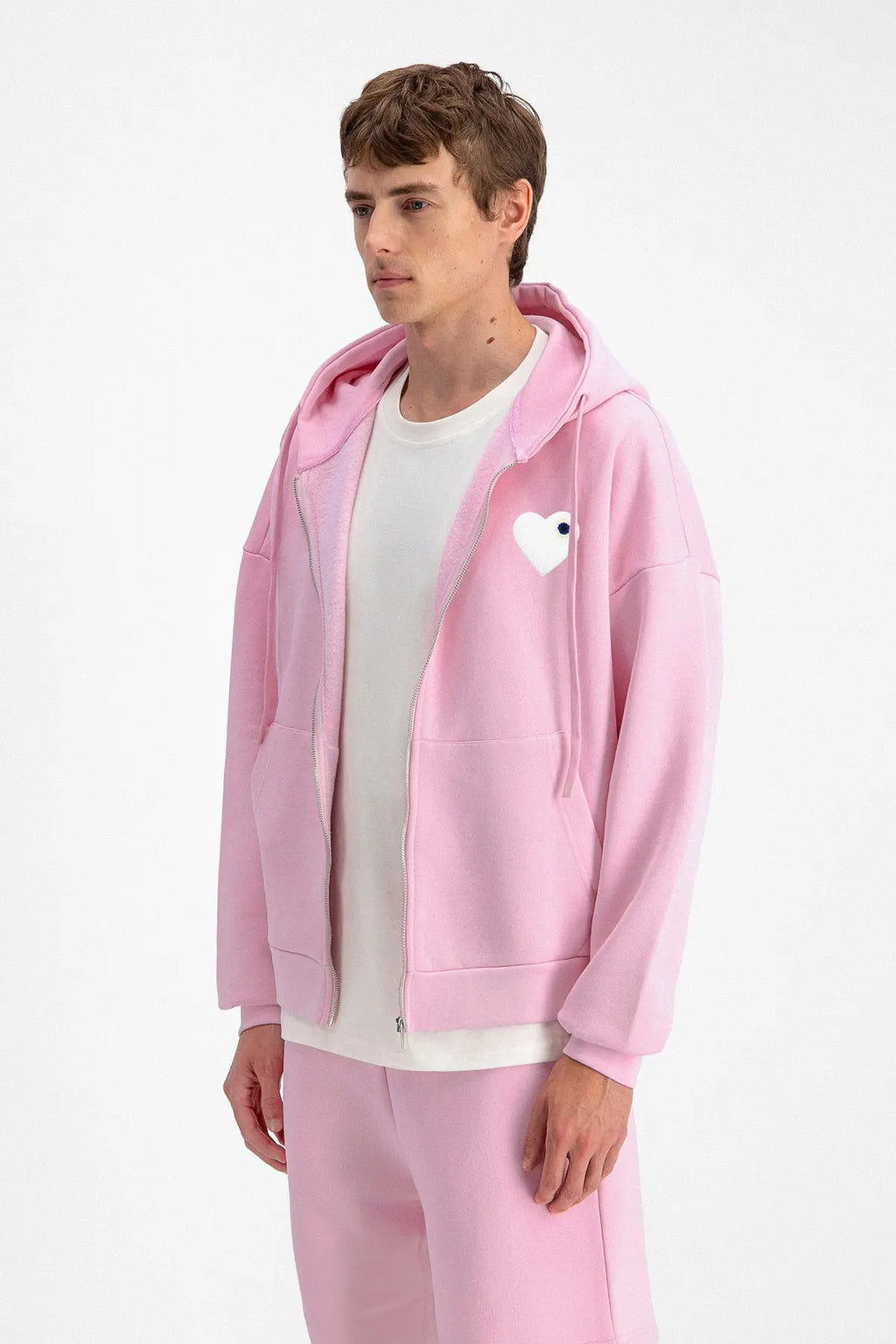 Veste à Capuche Rose Coeur Blanc Brodé Streetwear bonhomme