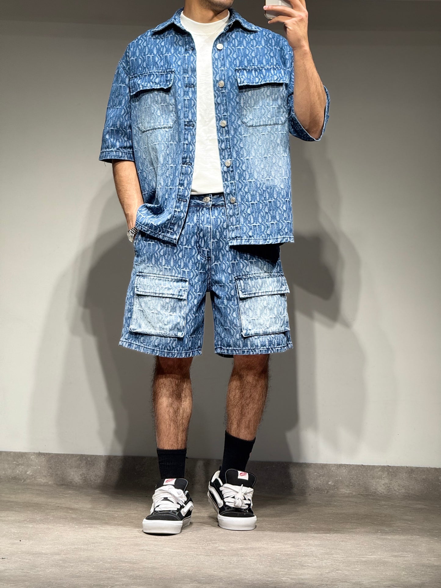 Ensemble En Jeans Chemise et Short Bleu Poches