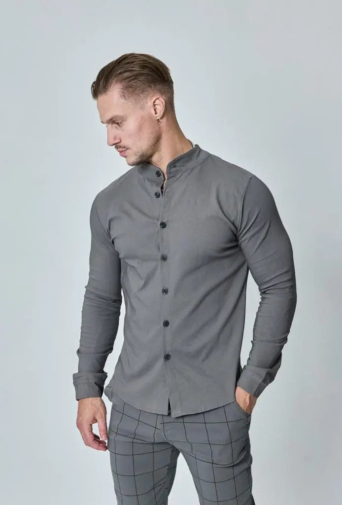 Chemise slim à boutons gris col mao bonhomme