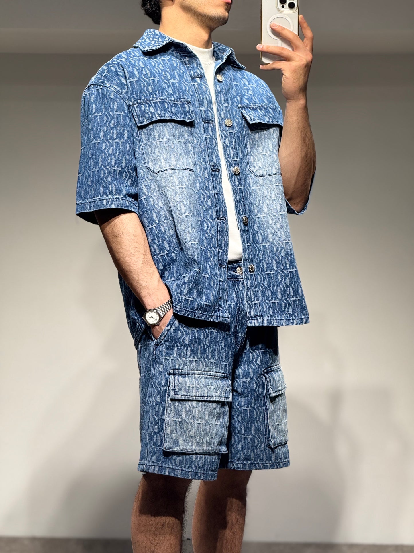 Ensemble En Jeans Chemise et Short Bleu Poches