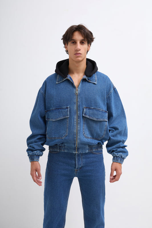 Veste en Jeans Homme Denim Bleu Avec Capuche en Moleton