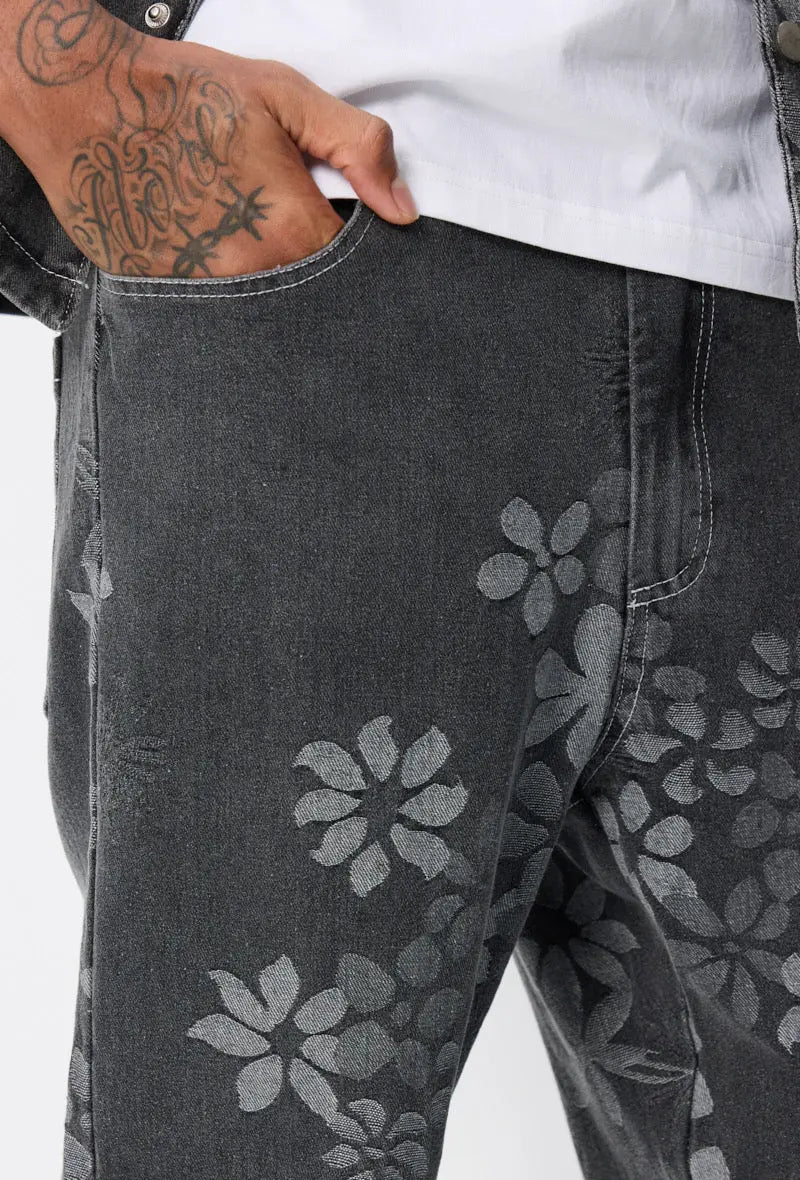 Ensemble En Jeans Chemise Pantalon Denim Noir Floral bonhomme