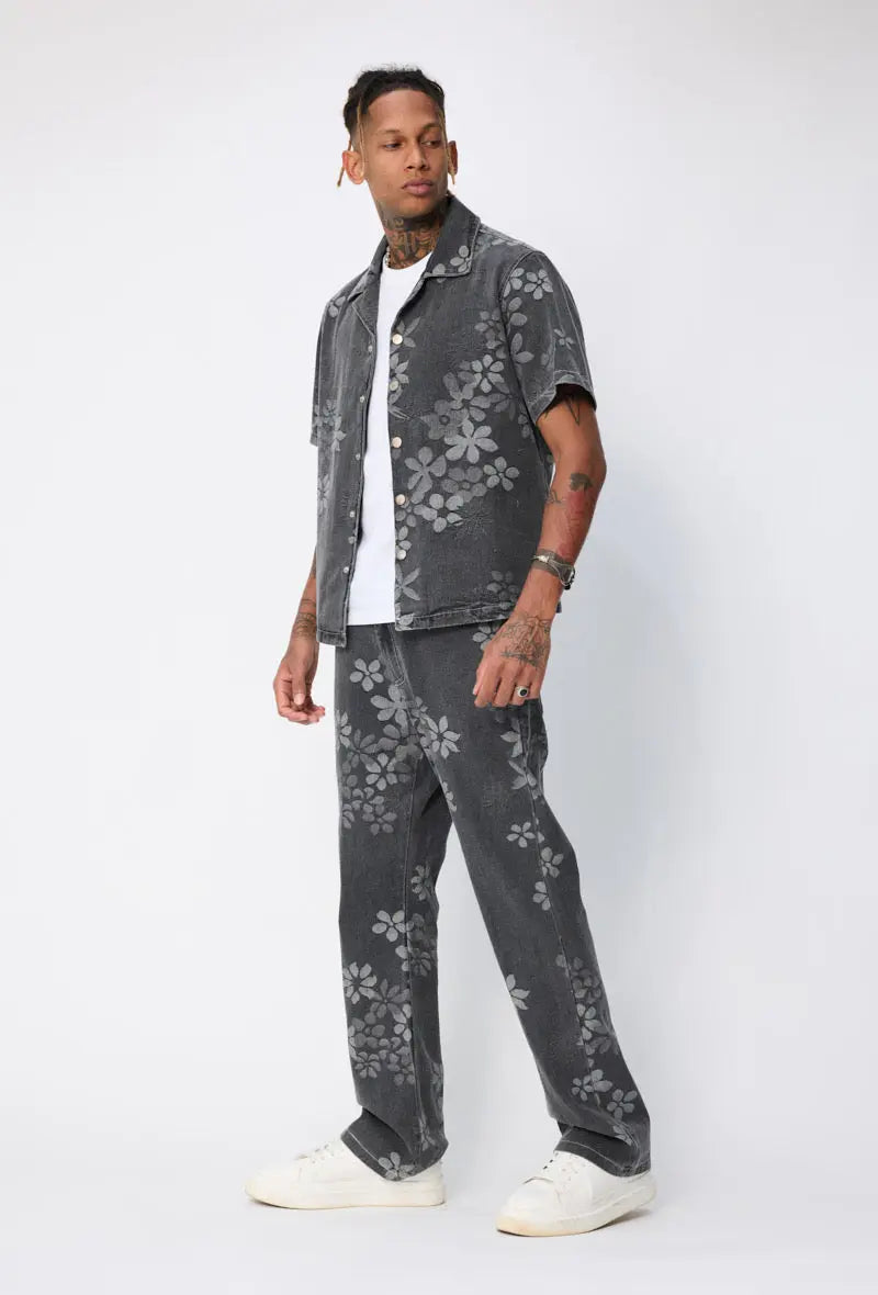 Ensemble En Jeans Chemise Pantalon Denim Noir Floral bonhomme